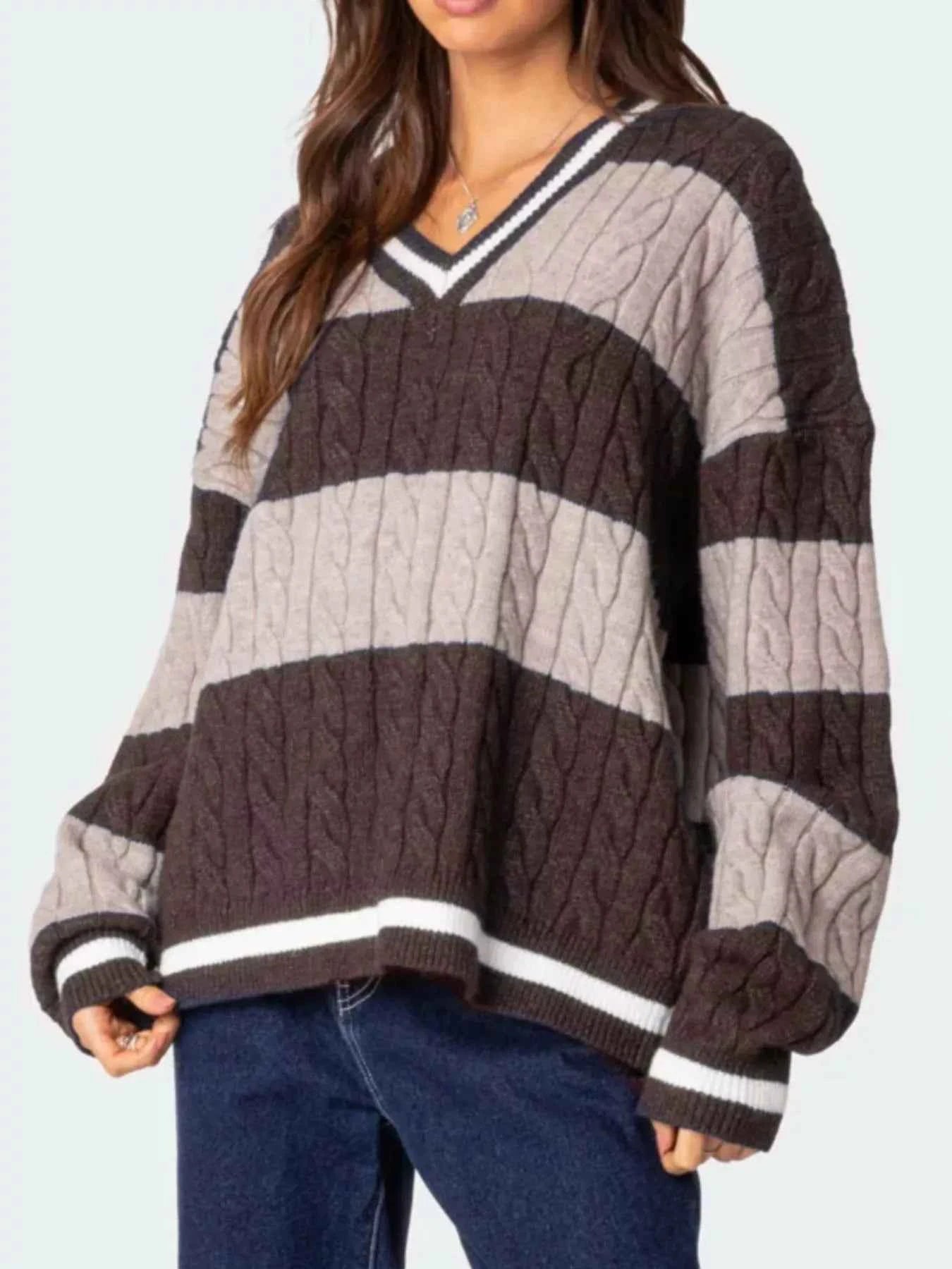 Striped Cable Knit V-Neck Sweater c5f3b5f8-a5fa-4828-9a75-4d1ce6716e2b-Max-Origin