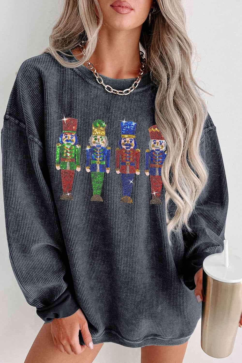 Gray Christmas Nutcracker Graphic Sequins Patch Corded Baggy Sweatshirt Gray 100%Polyester c5fe9381ec54767c