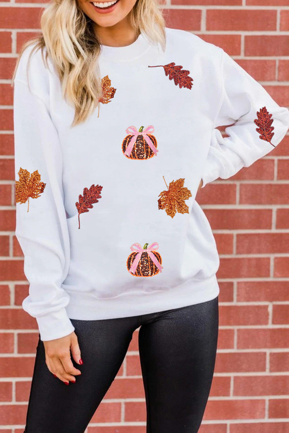 White Fall Leaf Bow Pumpkin Sequin Patched Baggy Sweatshirt c5feadd1f2966be1