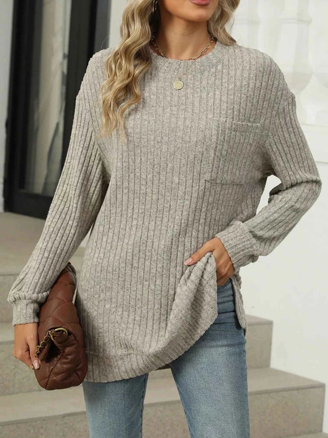 Ribbed Knit Round Neck Sweater Oatmeal c61f4f4f-206c-4cac-8227-faf590f8fc47-Max-Origin