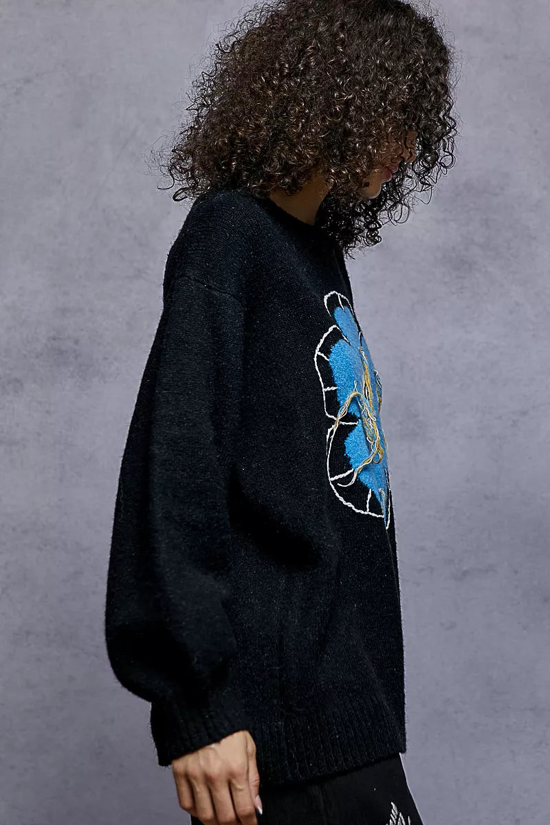 POL Floral Pattern Round Neck Sweater with Exposed Stitching c654780c-a779-4eef-8715-d7a243e06c3e-Max-Origin