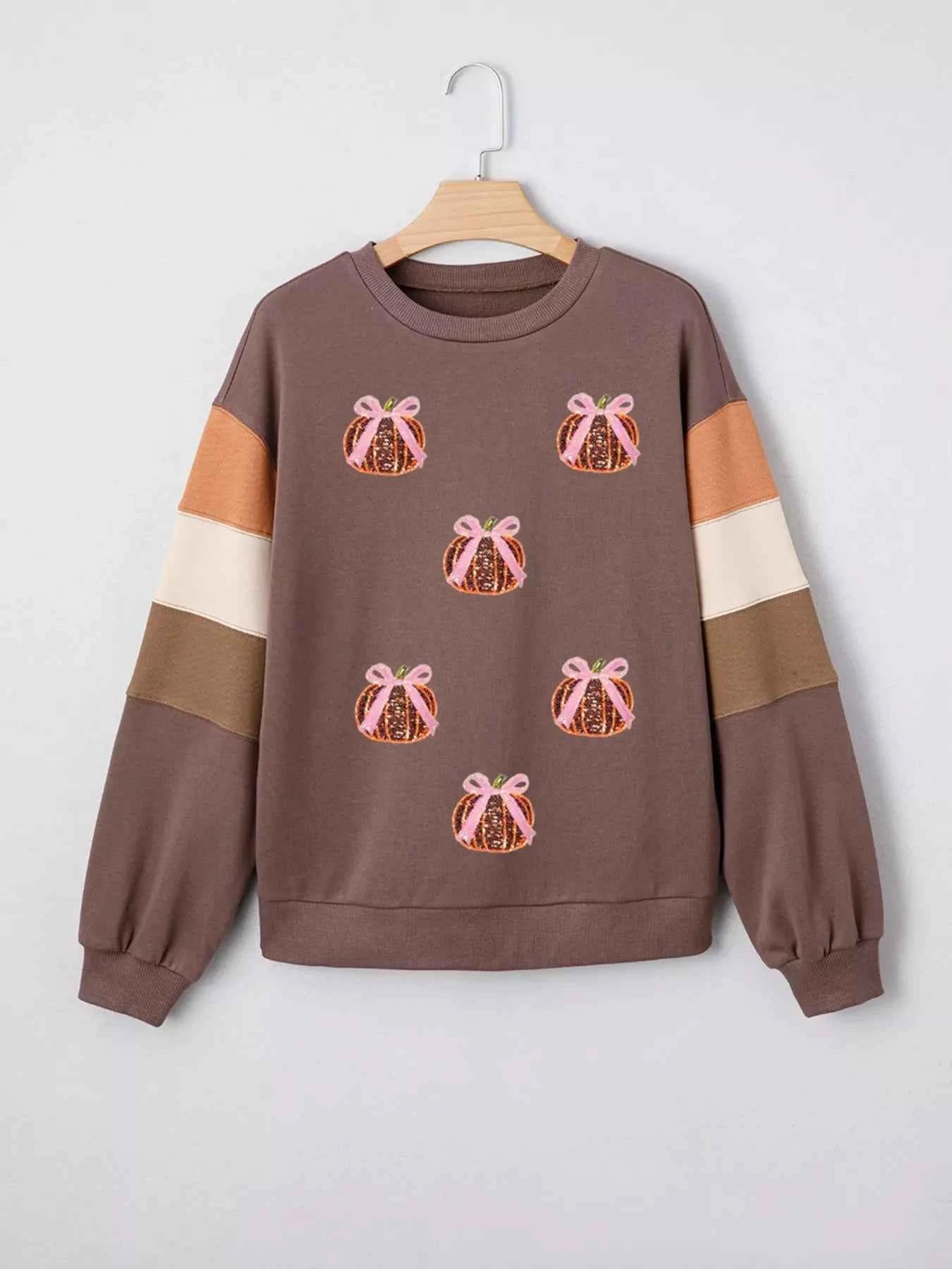 Sequin Bow Pumpkin Round Neck Sweatshirt c665bd0c5ecc4b4796948f23aa9cbc1f-Max-Origin