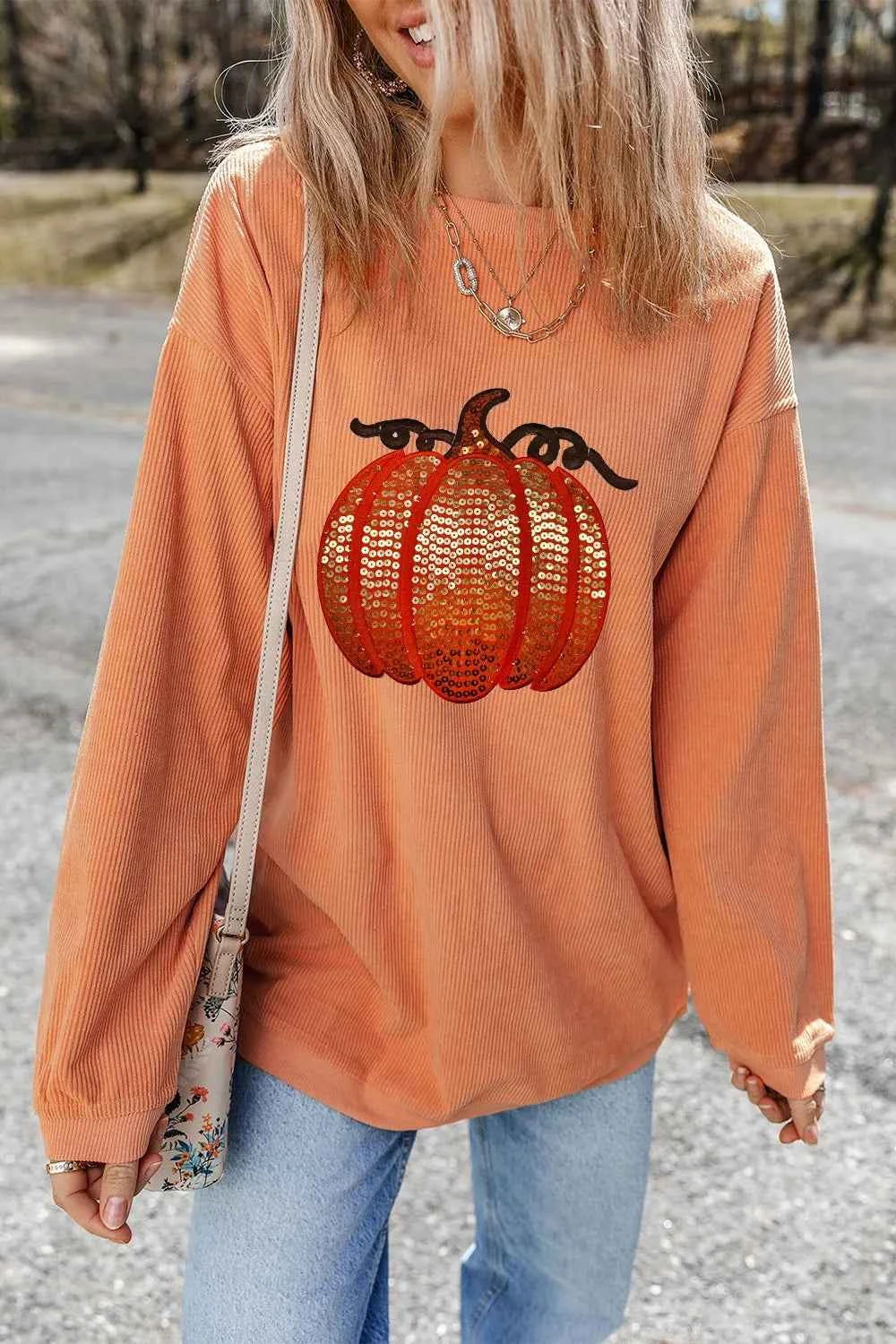 Sequin Pumpkin Round Neck Long Sleeve Sweatshirt Sherbet c688c739-0722-4ba5-8178-83b03f6d7259-Max