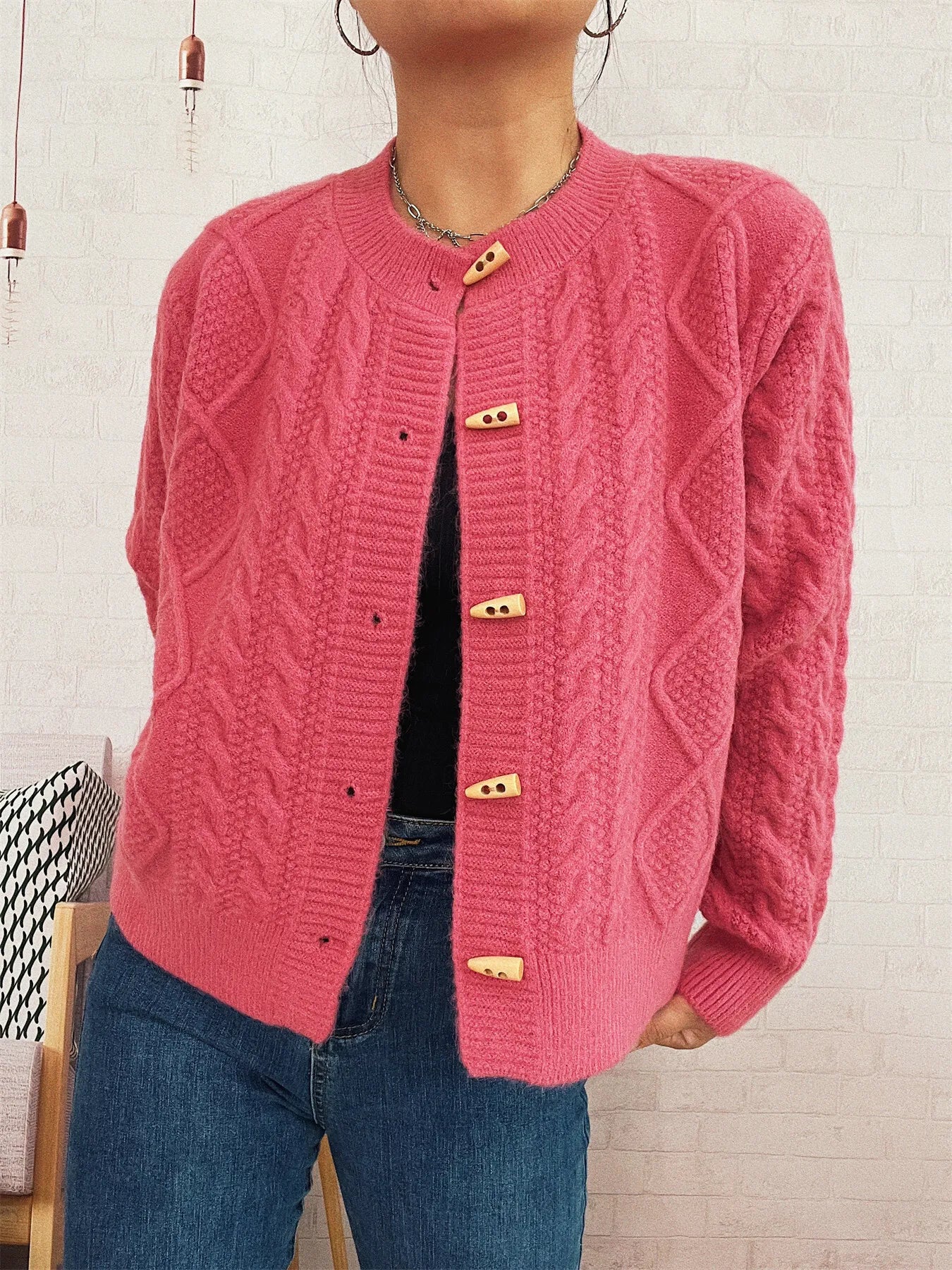 Cable Knit Button-Up Cardigan Rose Gold One Size c6b3a4b9542644e1aa271b65cf88ea0a-Max-Origin