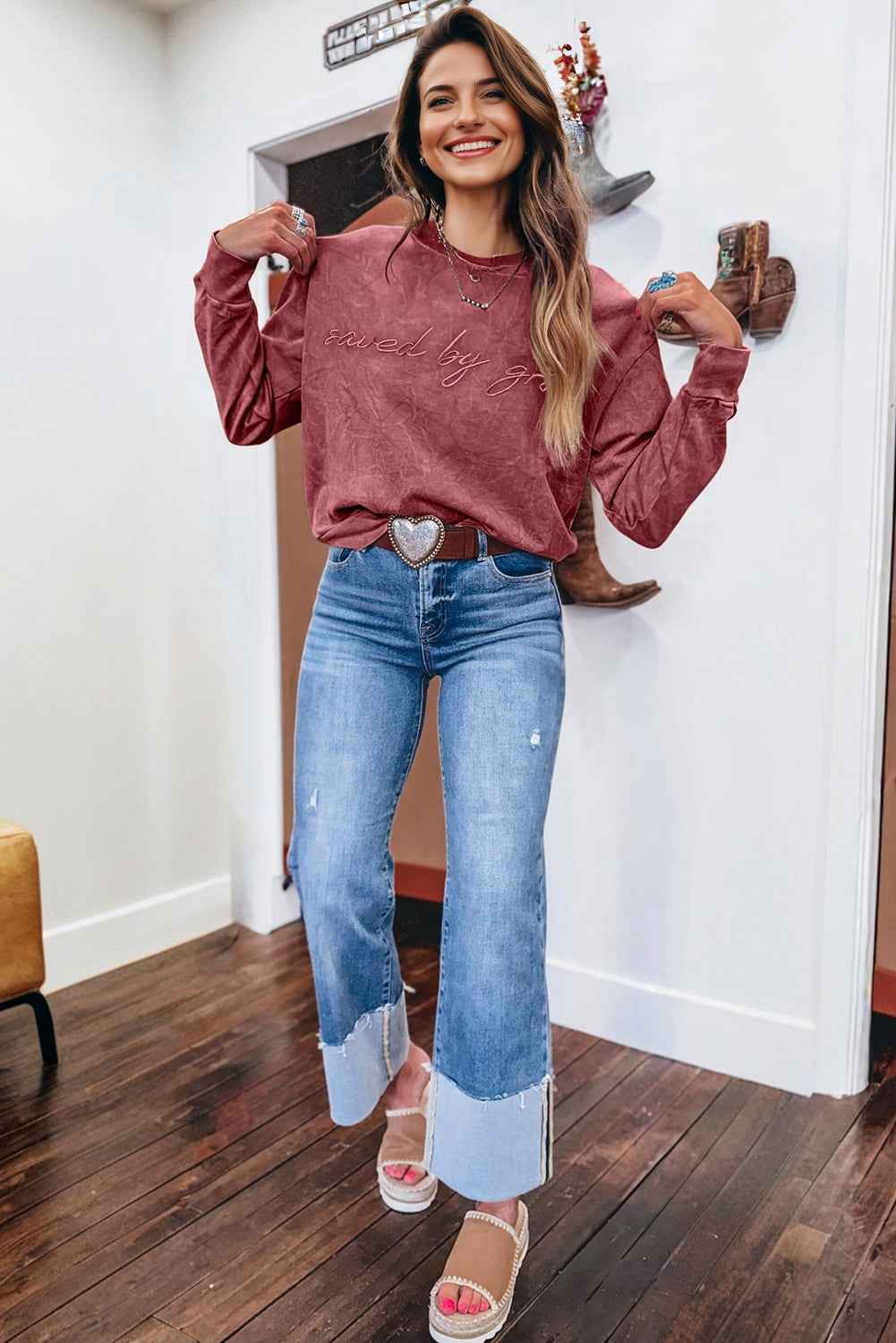 Real Teal saved by grace Letter Embroidery Mineral Wash Loose Sweatshirt c6d2b9c63d44c39b