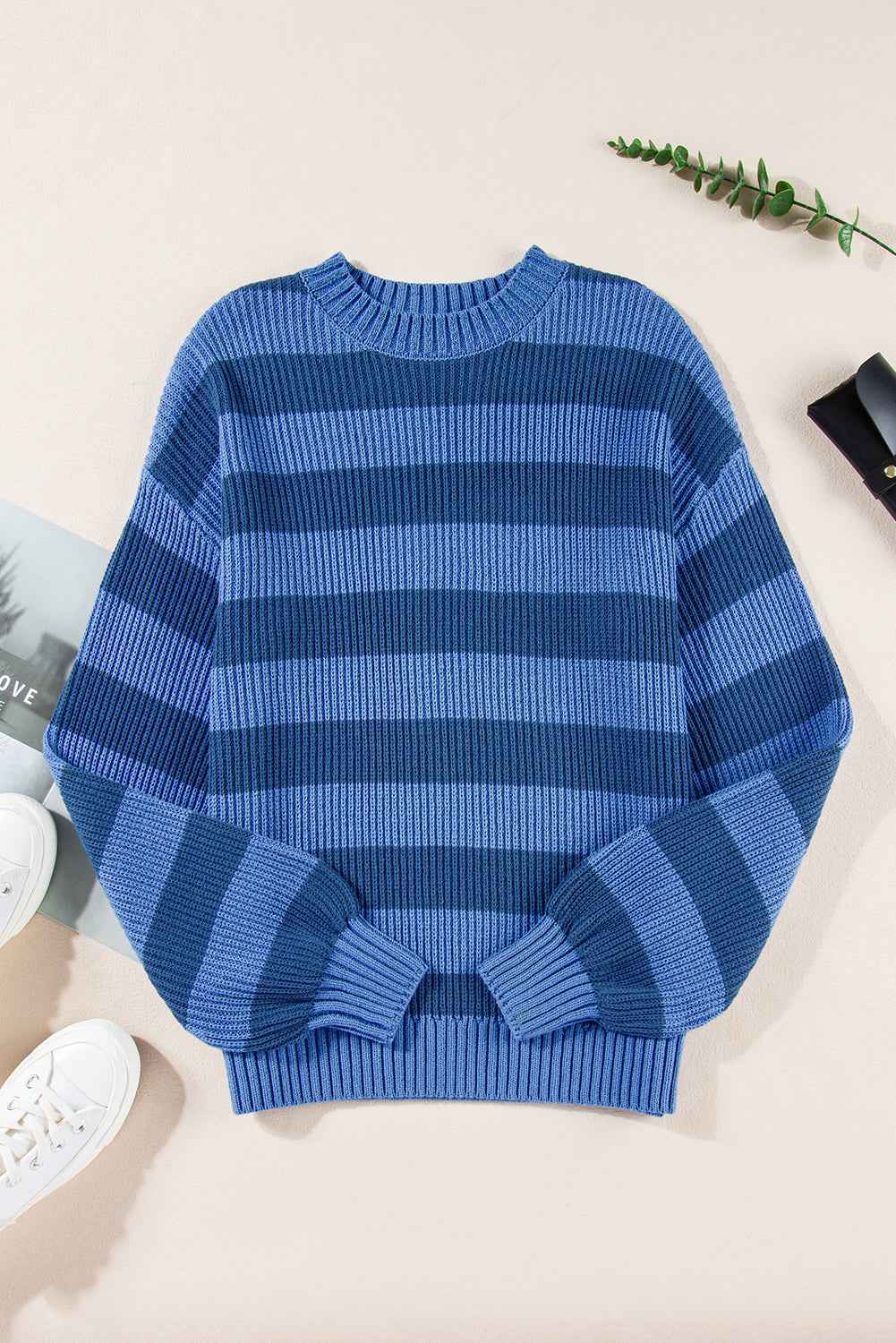 Blue Striped Drop Shoulder Casual Sweater c6d8d0c1213077f9