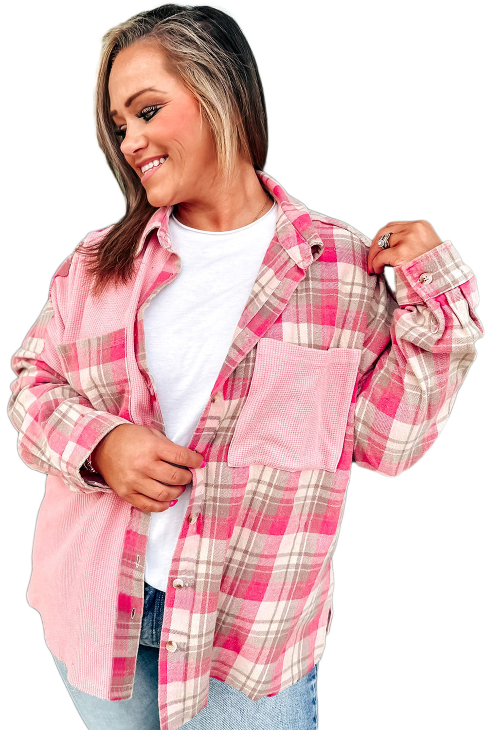 Pink Waffle Pocket Plaid Patchwork Plus Size Shirt Pink 75%Polyester+25%Cotton c6f6a8df1626cd1d