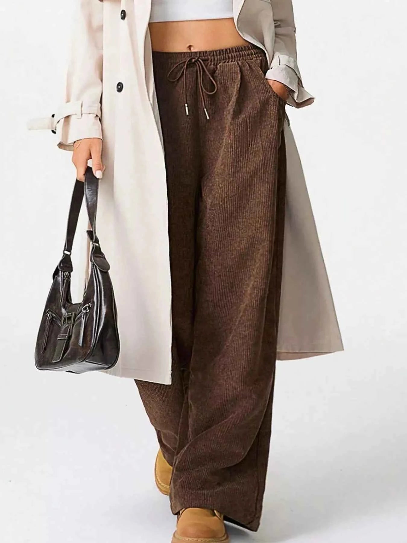 Wide Leg Corduroy Drawstring Pants Brown c7262fb9-f7b7-4989-8081-b003ebc793d6-Max-Origin
