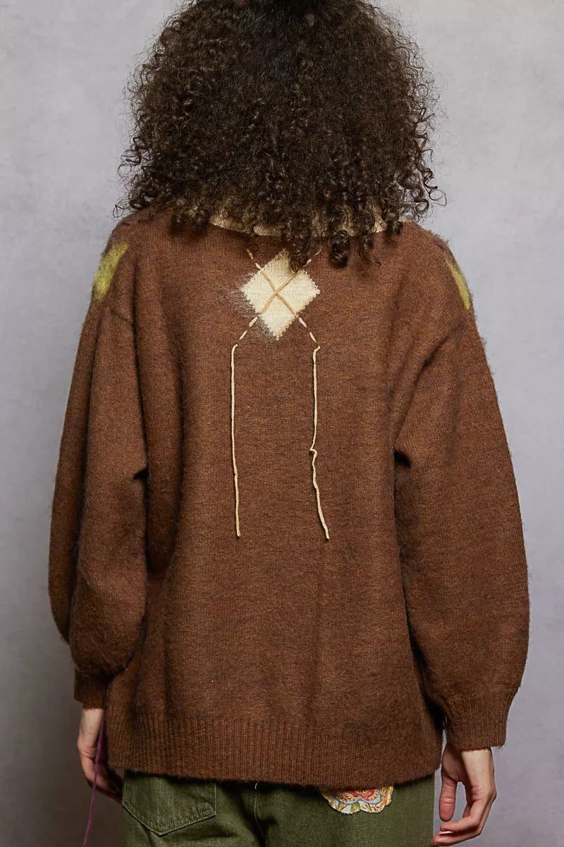 POL V-Neck Argyle Pattern Mohair Sweater with Contrast Exposed Stitch Detail c79fea91-3d03-4a83-b41d-d95636c39700-Max-Origin