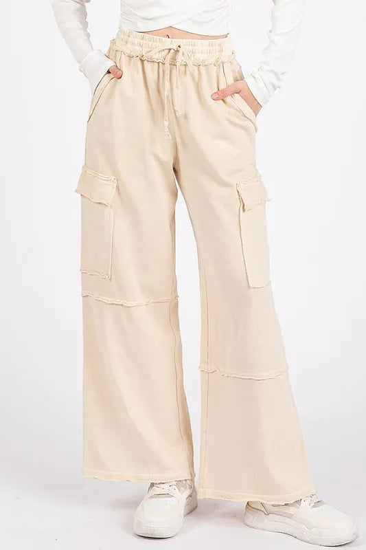 Mittoshop Mineral Wash Elastic Waist Cargo Wide Leg Pants Oatmeal c7bb0088-e740-4b4e-b594-4e30eef54279-Max