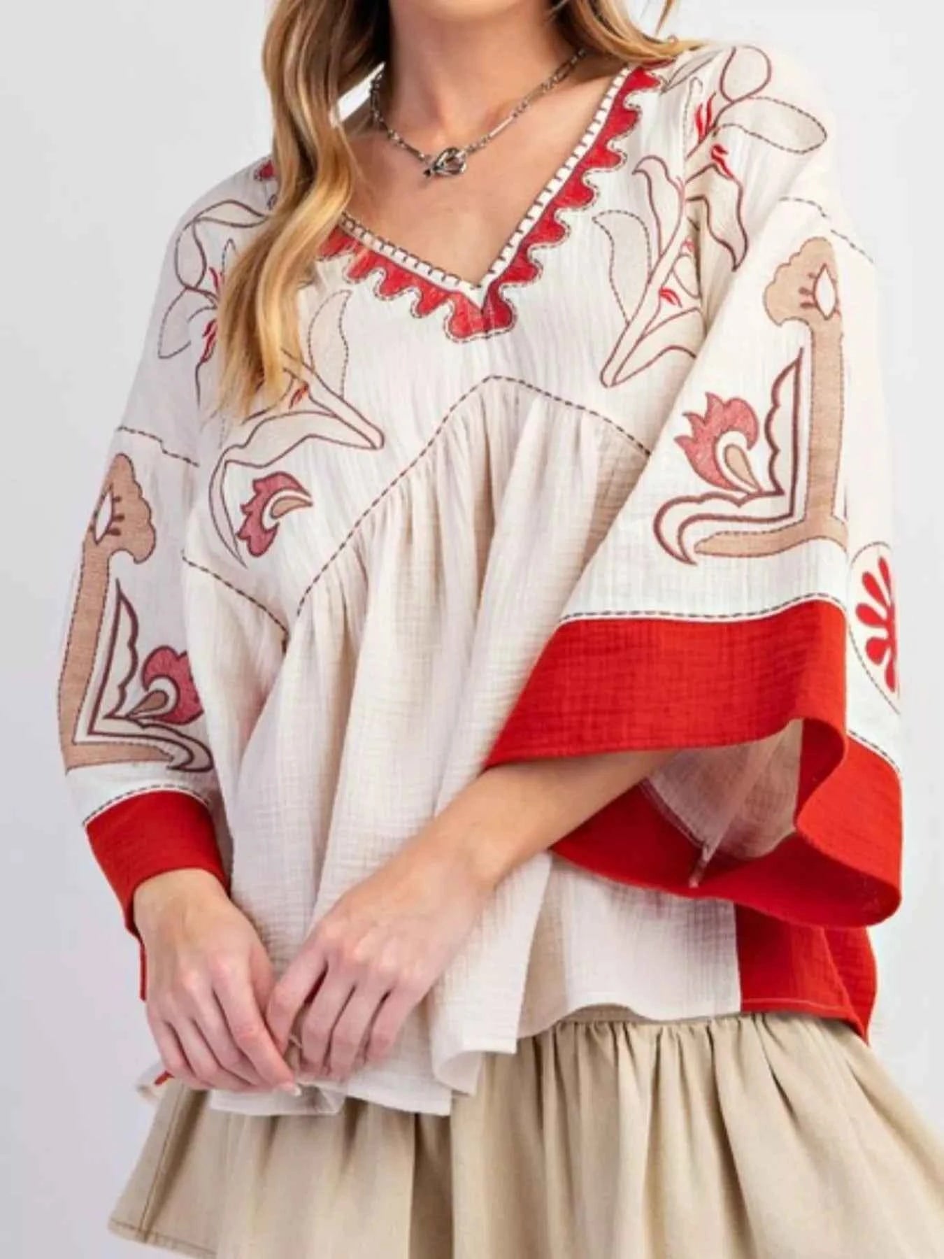 Printed V-Neck Top with Contrast Trim Details White And Red c822d15d-d43b-4d62-955a-dd182a48ed38-Max-Origin