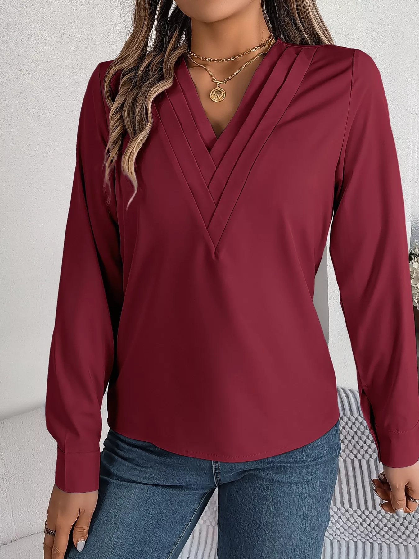 Layered V-Neck Long Sleeve Blouse Burgundy c8988799-6303-41b6-97ab-643a770889c7-Max-Origin