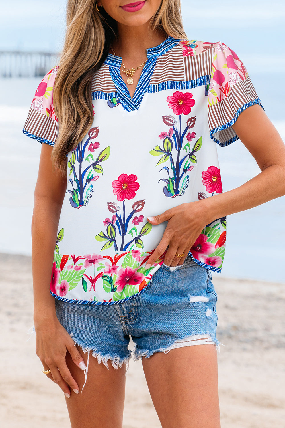 Pink Floral Striped Patchwork Short Sleeve Split Neck Blouse Pink c89e35c3c5ed5b10