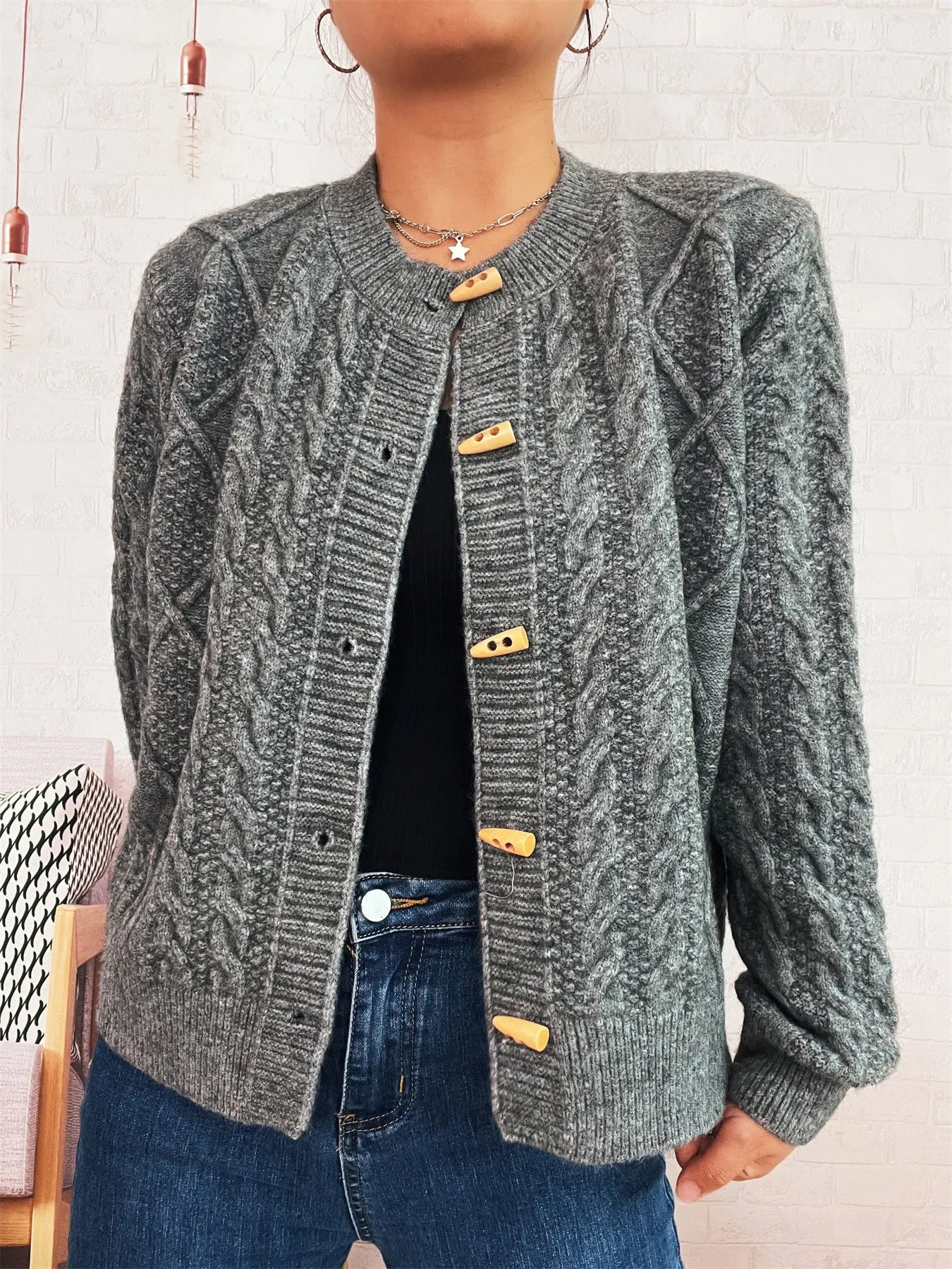 Cable Knit Button-Up Cardigan Dark Gray One Size c8ca37fc32284b7e8f9b5a26acb8deae-Max-Origin