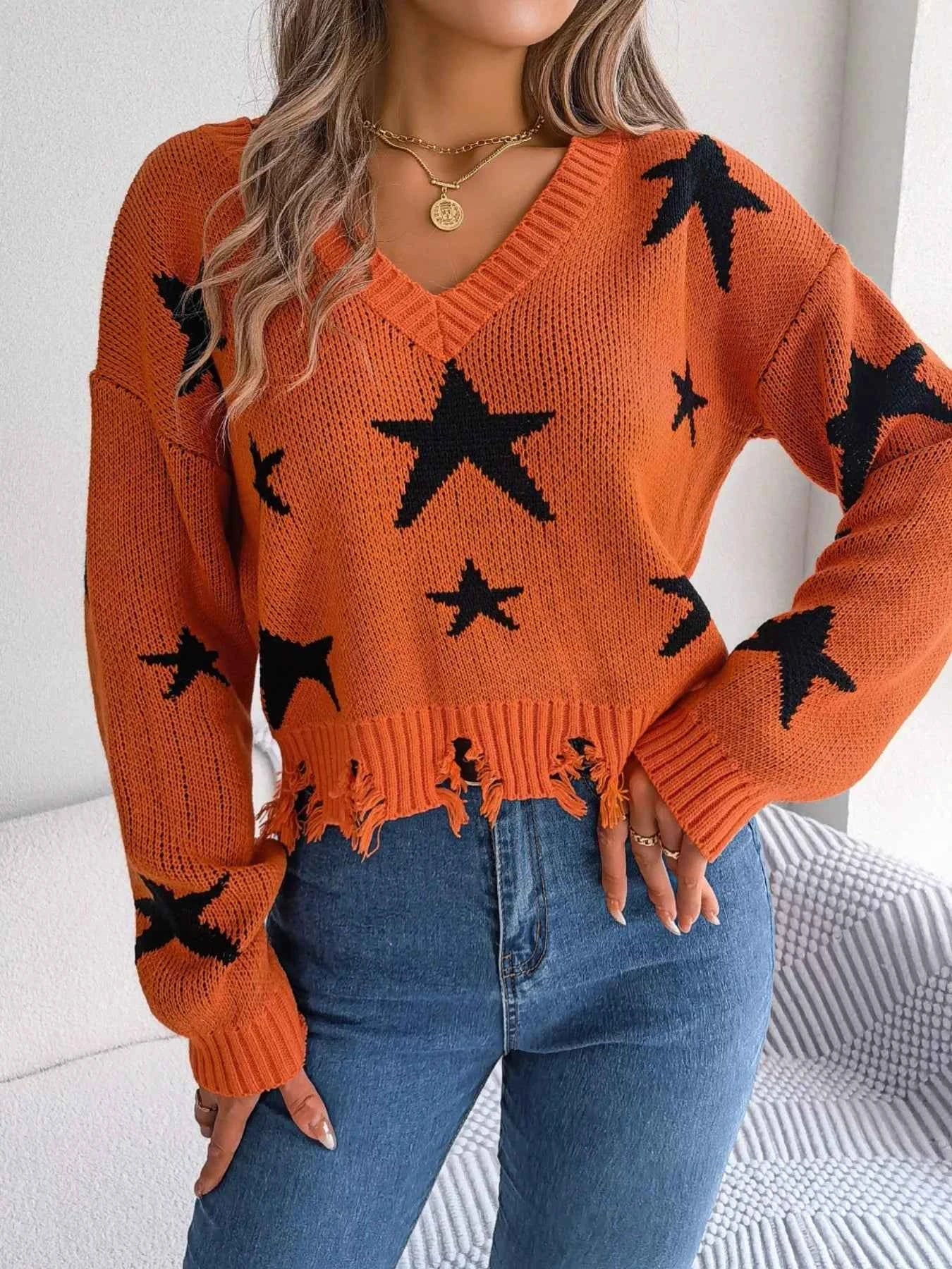 Star Pattern V-Neck Distressed Sweater c8d0e170-4645-4d3a-b95f-8933aed903da-Max-Origin
