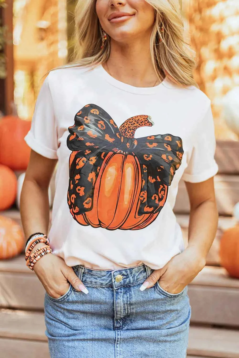 Pumpkin Round Neck Short Sleeve T-Shirt White c8d23d05-6e15-45ea-ae17-1a475ab0de19-Max