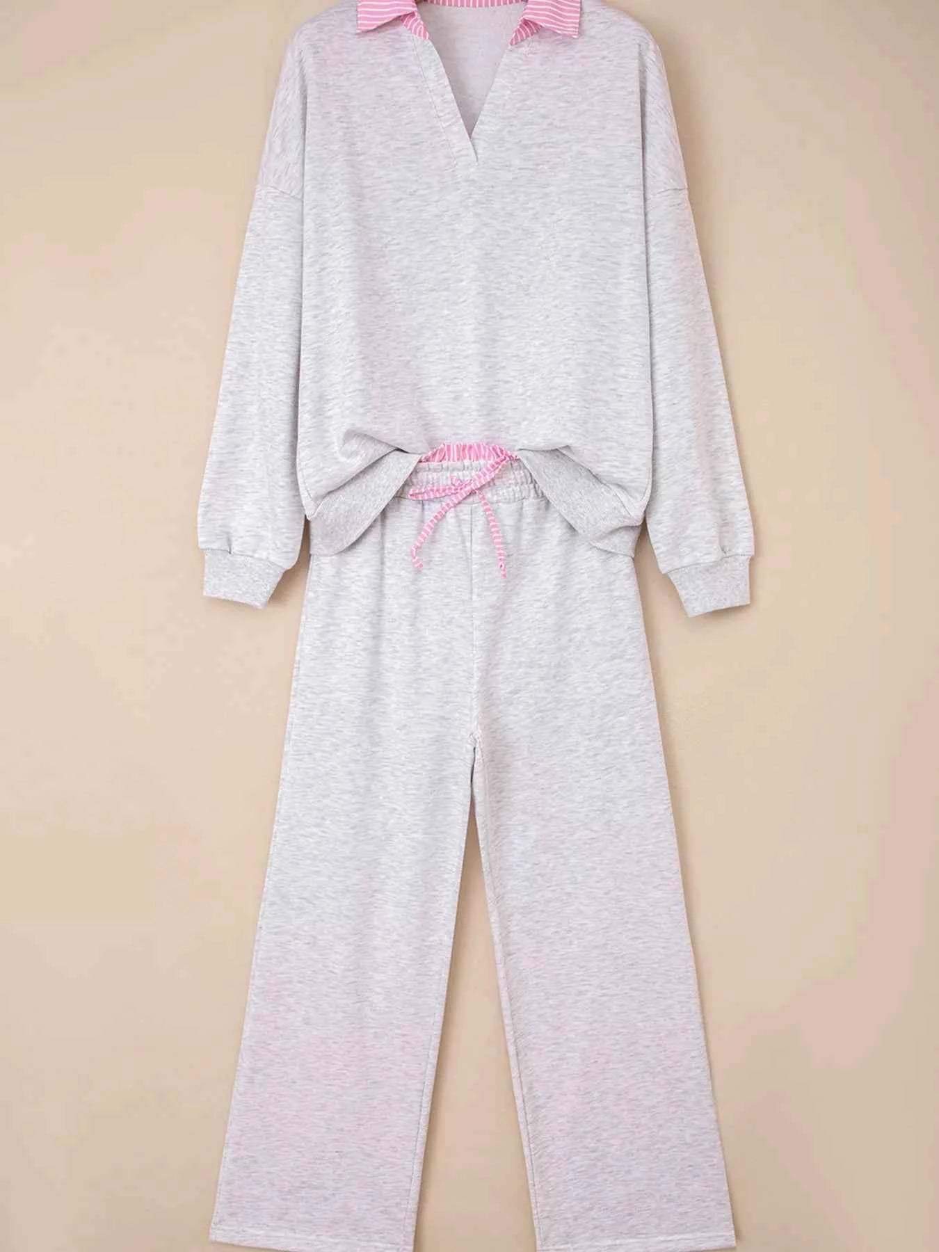 Contrasted Trim Frilled Collar Drop Shoulder Top and Drawstring Pant Set c8f9325b84b64a939ab5c5e180ed46d5-Max-Origin