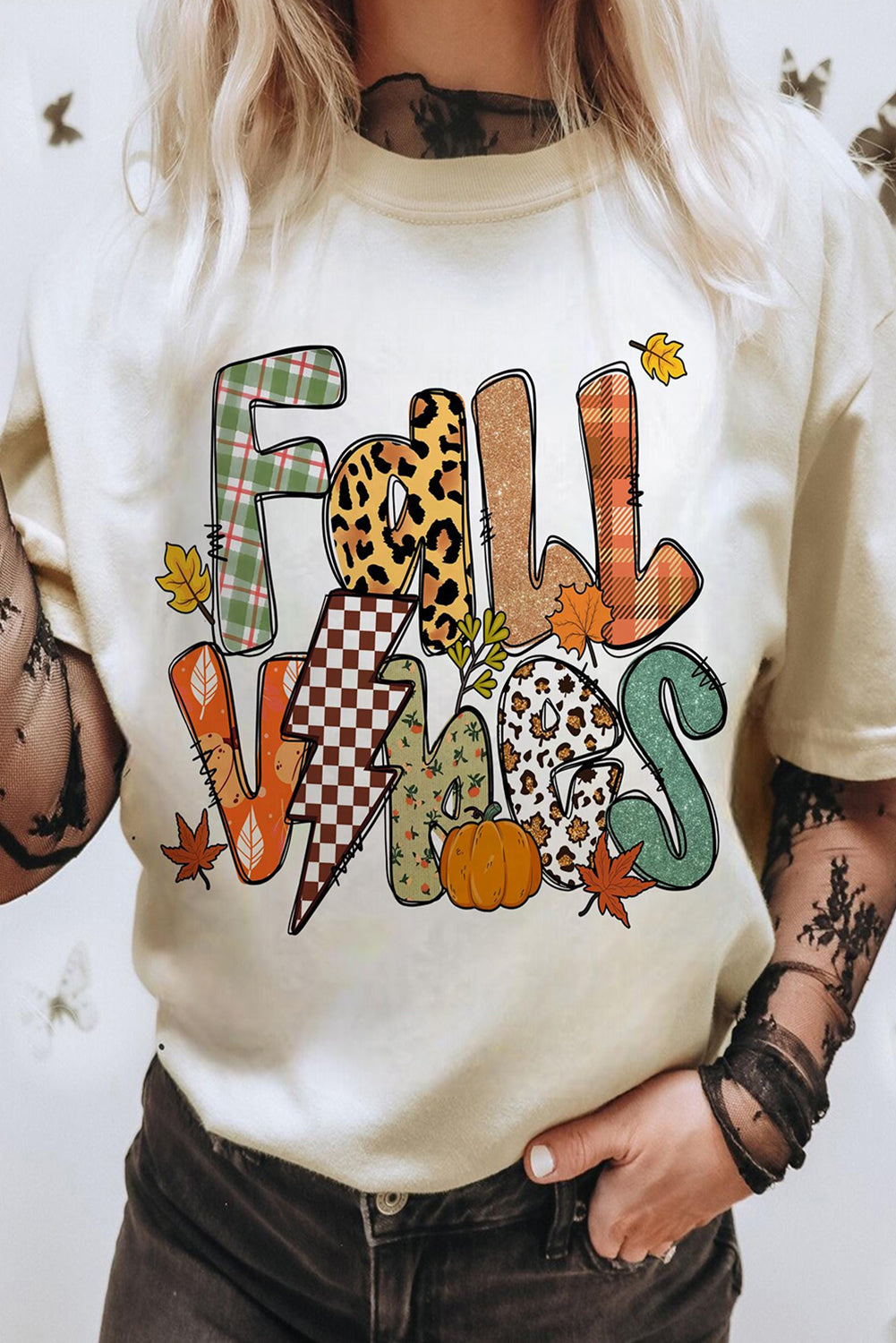 White FALL VIBES Cotton Blend Heat Transfer Printing Casual T Shirt c9713e5eb42fa100