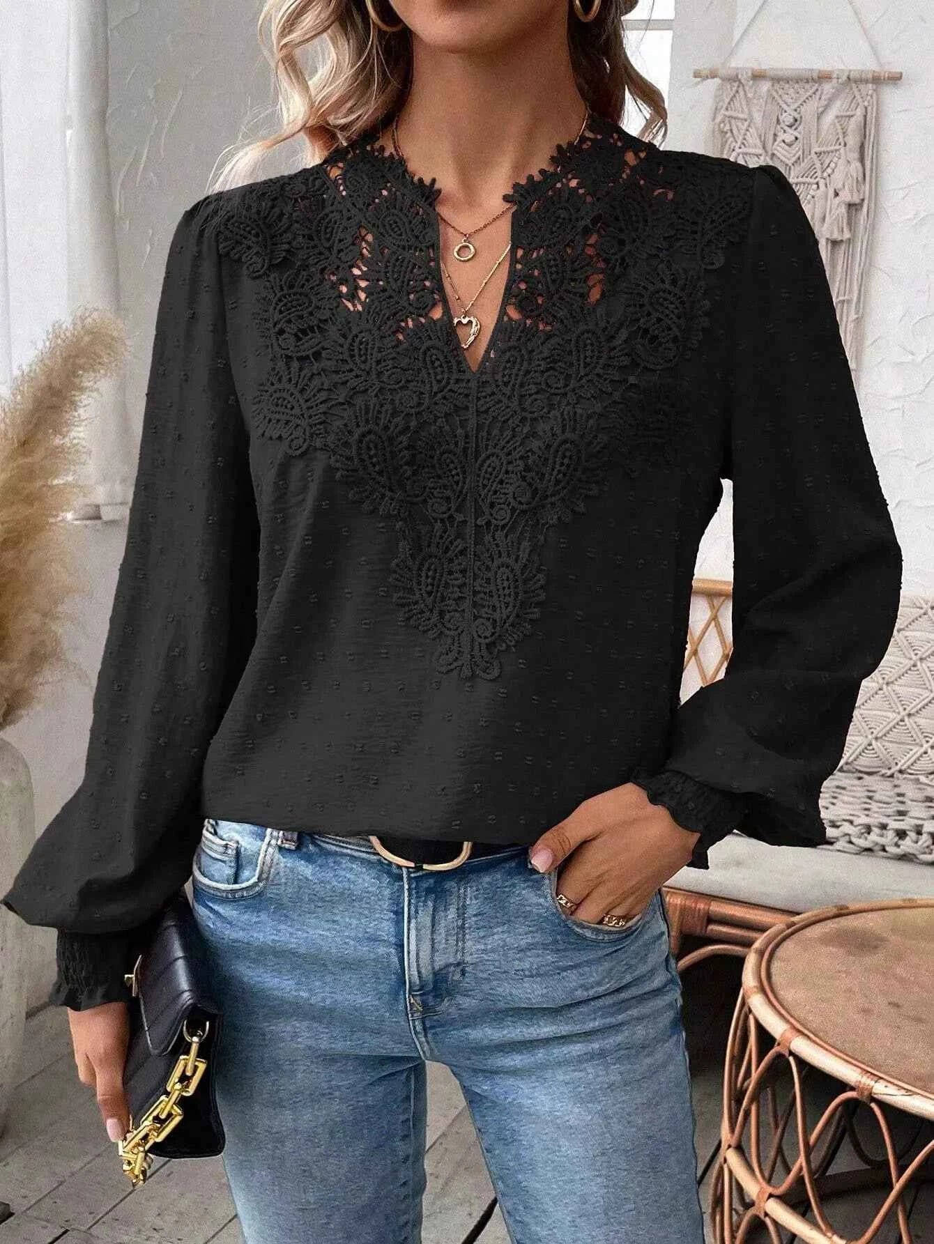 Swiss Dot Lace Detail Long Sleeve Blouse Black c9b6d28d-d134-4afd-9030-9c4d59add12b-Max-Origin