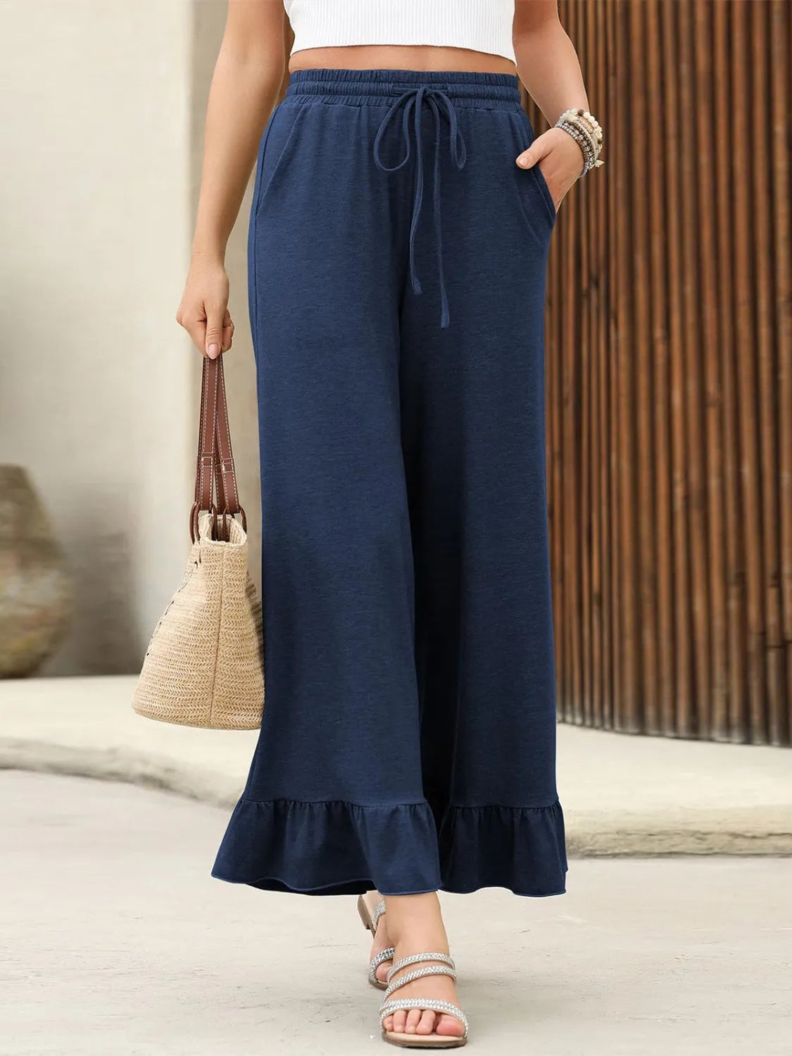 Ruffled Hem Wide Leg Pants Dark Blue c9e392ec-02e0-44ac-8186-c6d9be79fb52-Max-Origin