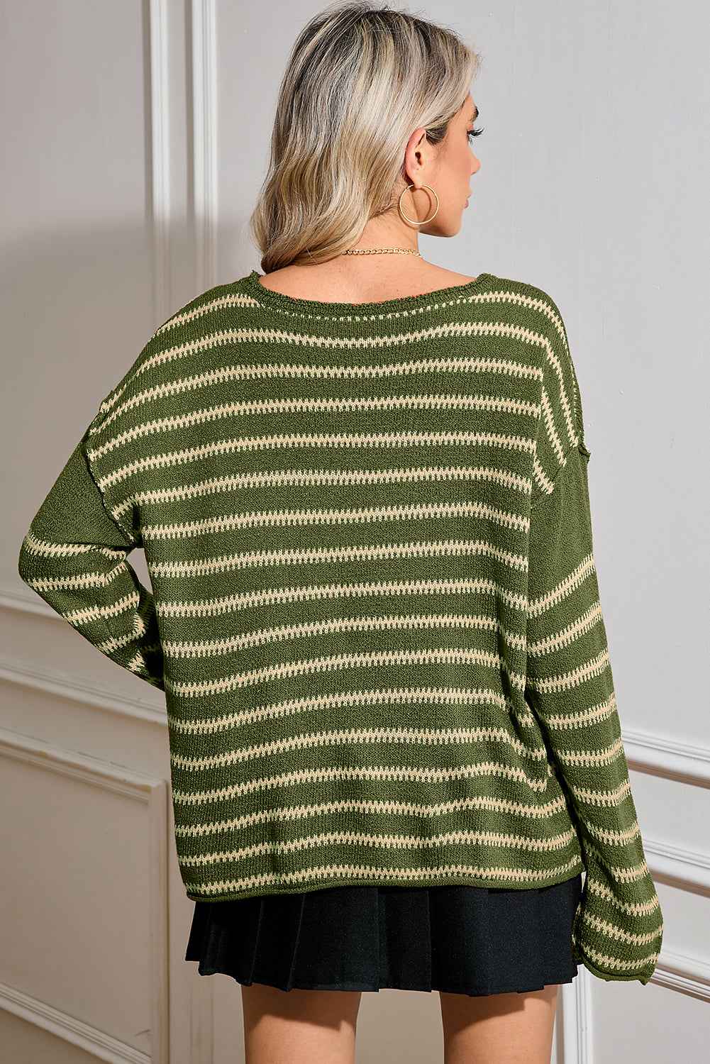 Green Stripe Casual Stripe Round Neck Drop Shoulder Sweater c9e631b5e7dc1177