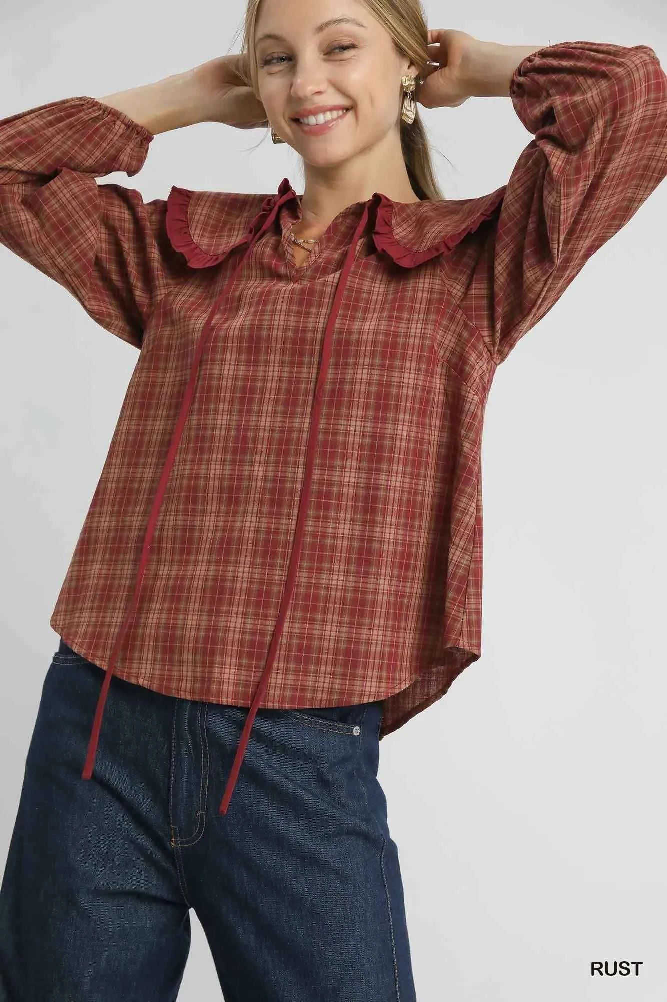 Umgee Full Size Plaid Ruffle Collar Blouse Plus Size Rust ca28968f-323d-4ae9-bd2f-588e5ca289ee-Max-Origin