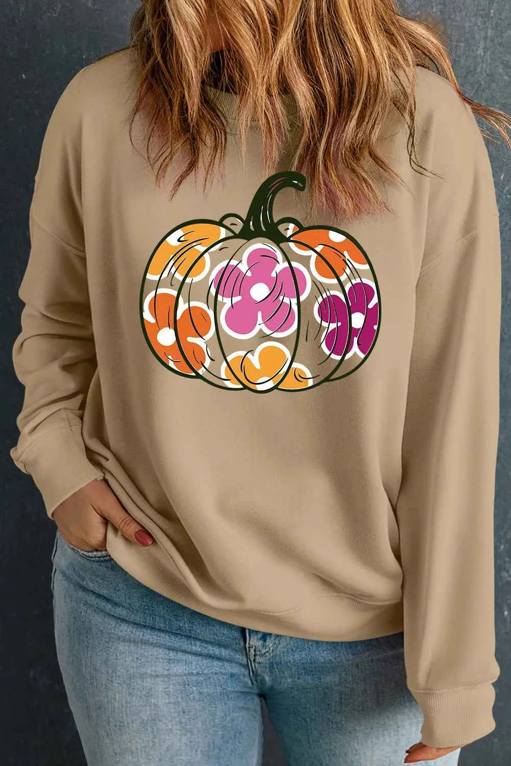 Plus Size Pumpkin Graphic Dropped Shoulder Sweatshirt Khaki ca2a7814-426f-4893-8477-22714eb815cb-Max