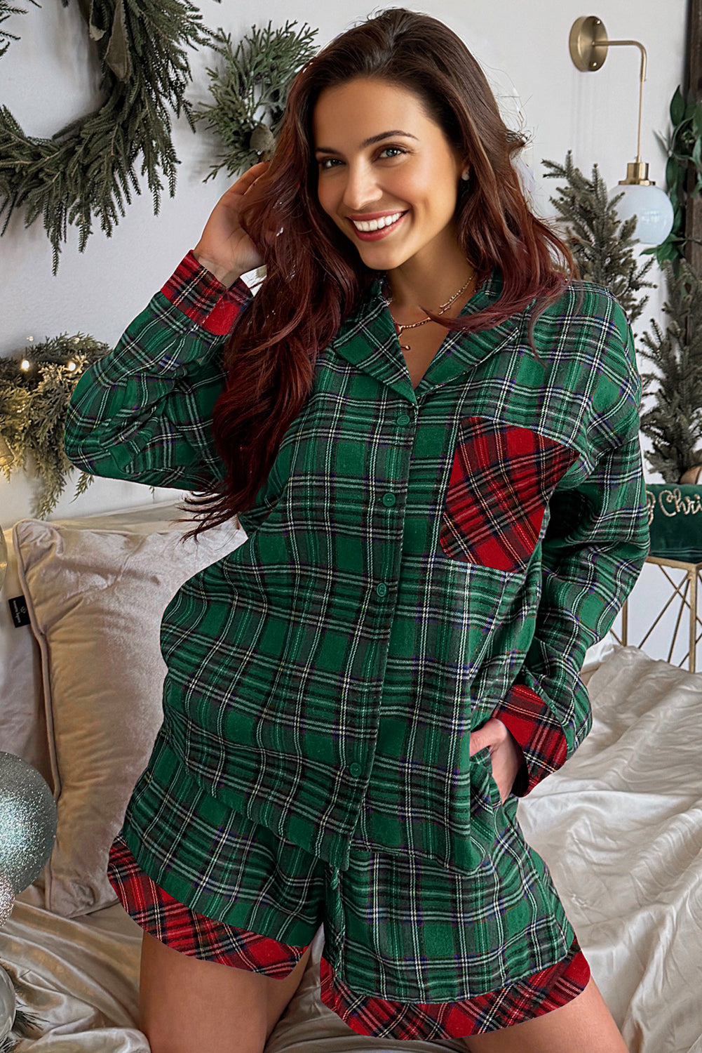 Green Plaid Christmas Holiday Patchwork Long Sleeve Shirt and Shorts Pajama Set ca3ffb18bd6a0d3c