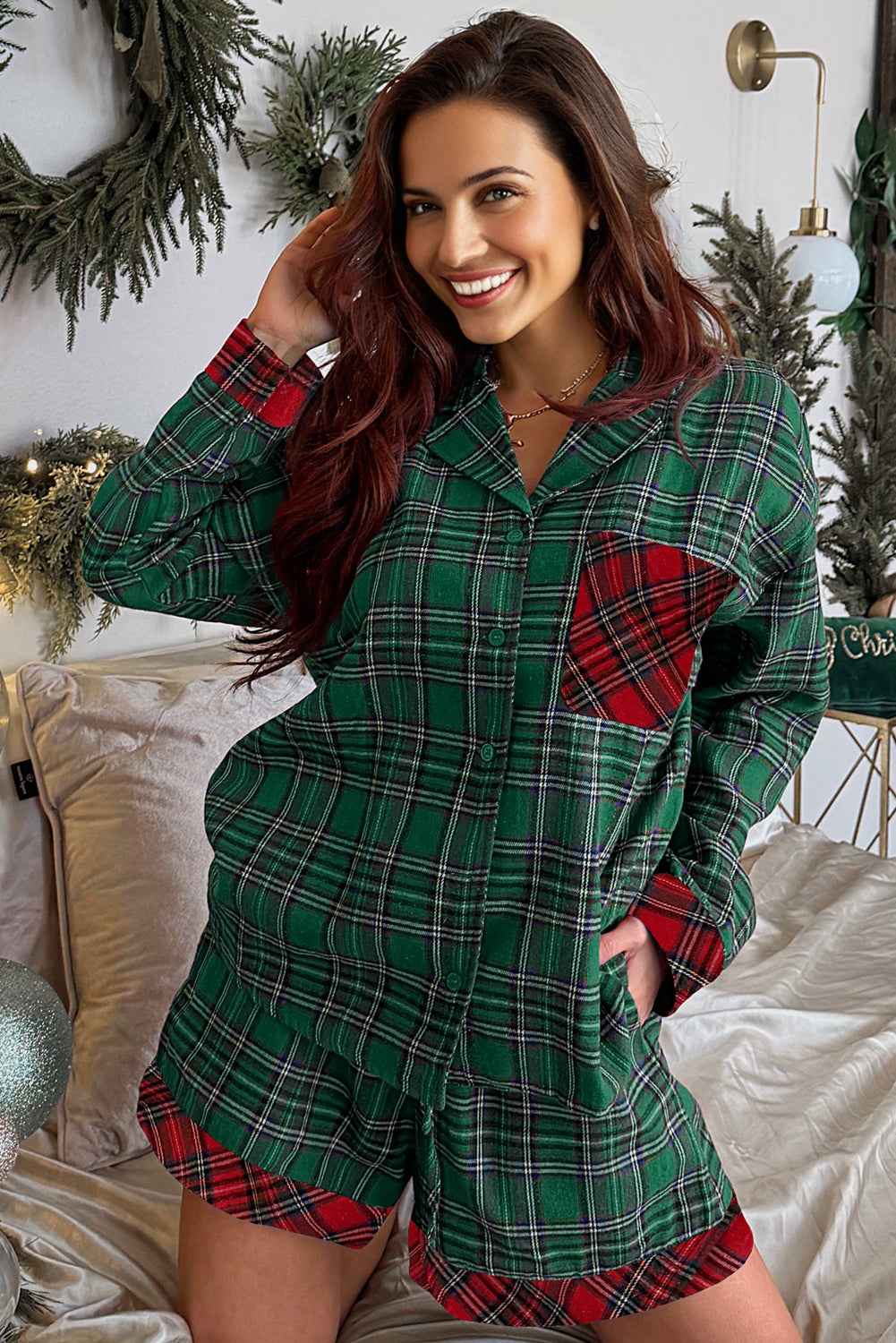 Green Plaid Christmas Holiday Patchwork Long Sleeve Shirt and Shorts Pajama Set ca3ffb18bd6a0d3c