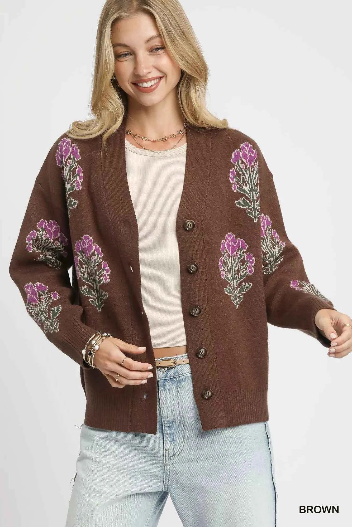 Umgee Single Flower Stem Jacquard Cardigan Sweater