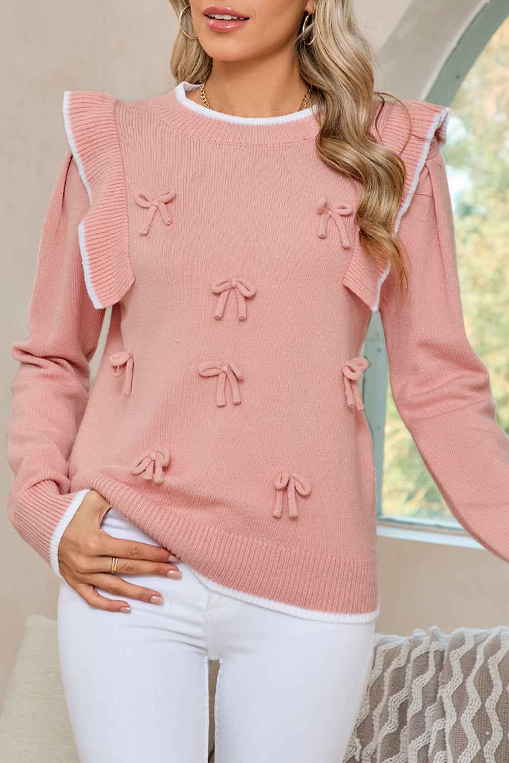 Light Pink Bow Detail Contrast Trim Ruffle Sweater cac86f9f82332ba6