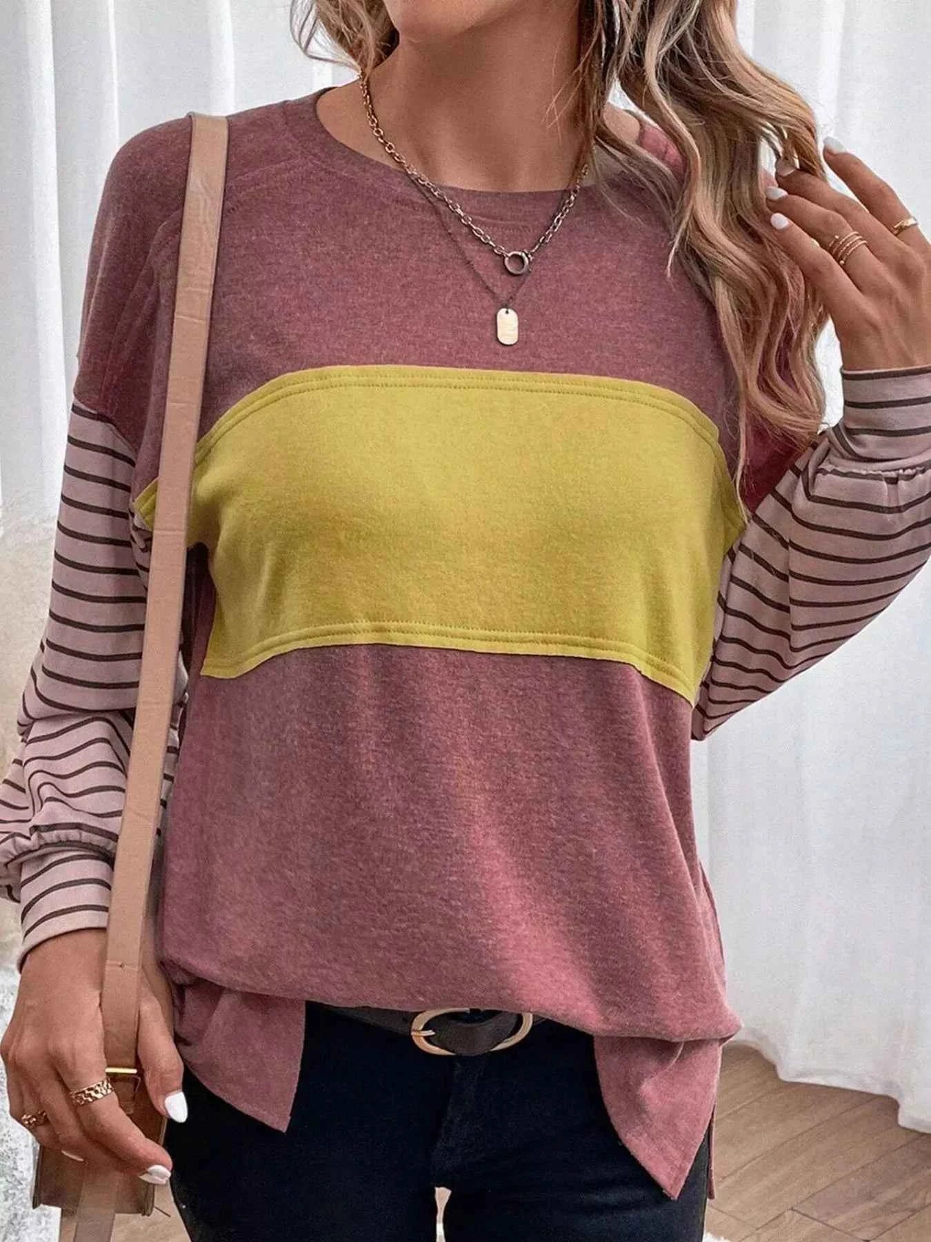 Striped Color Block Long Sleeve T-Shirt Dusty Pink caf8a85d-5260-4586-90d2-105ec2c186a2-Max-Origin