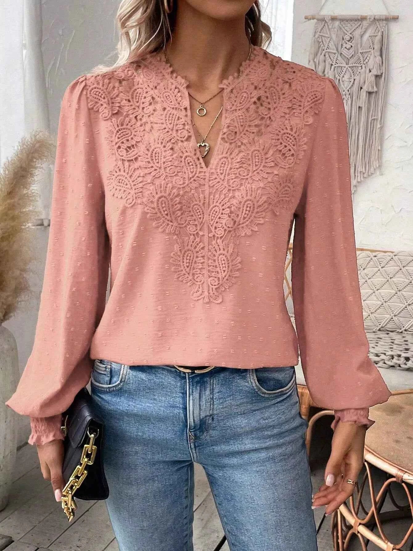Swiss Dot Lace Detail Long Sleeve Blouse Dusty Pink cb0a6b4d-8d8c-4724-a0f9-46464b0c97bf-Max-Origin