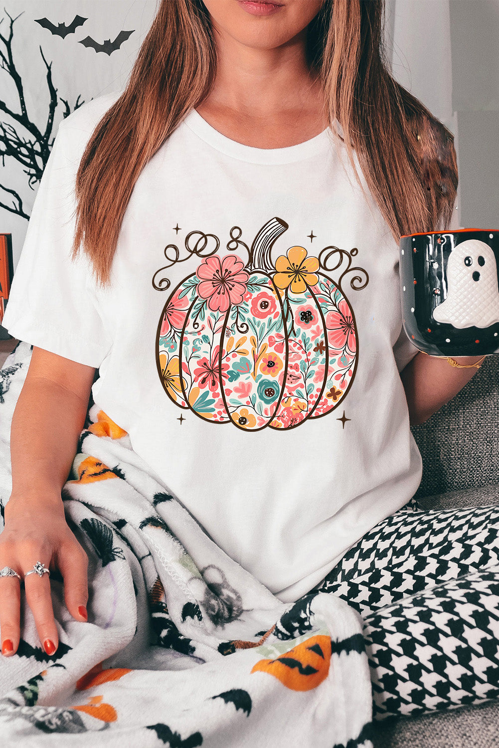 White Floral Pumpkin Heat Transfer Printing Cotton Blend T Shirt cb1ed19cfa10e981