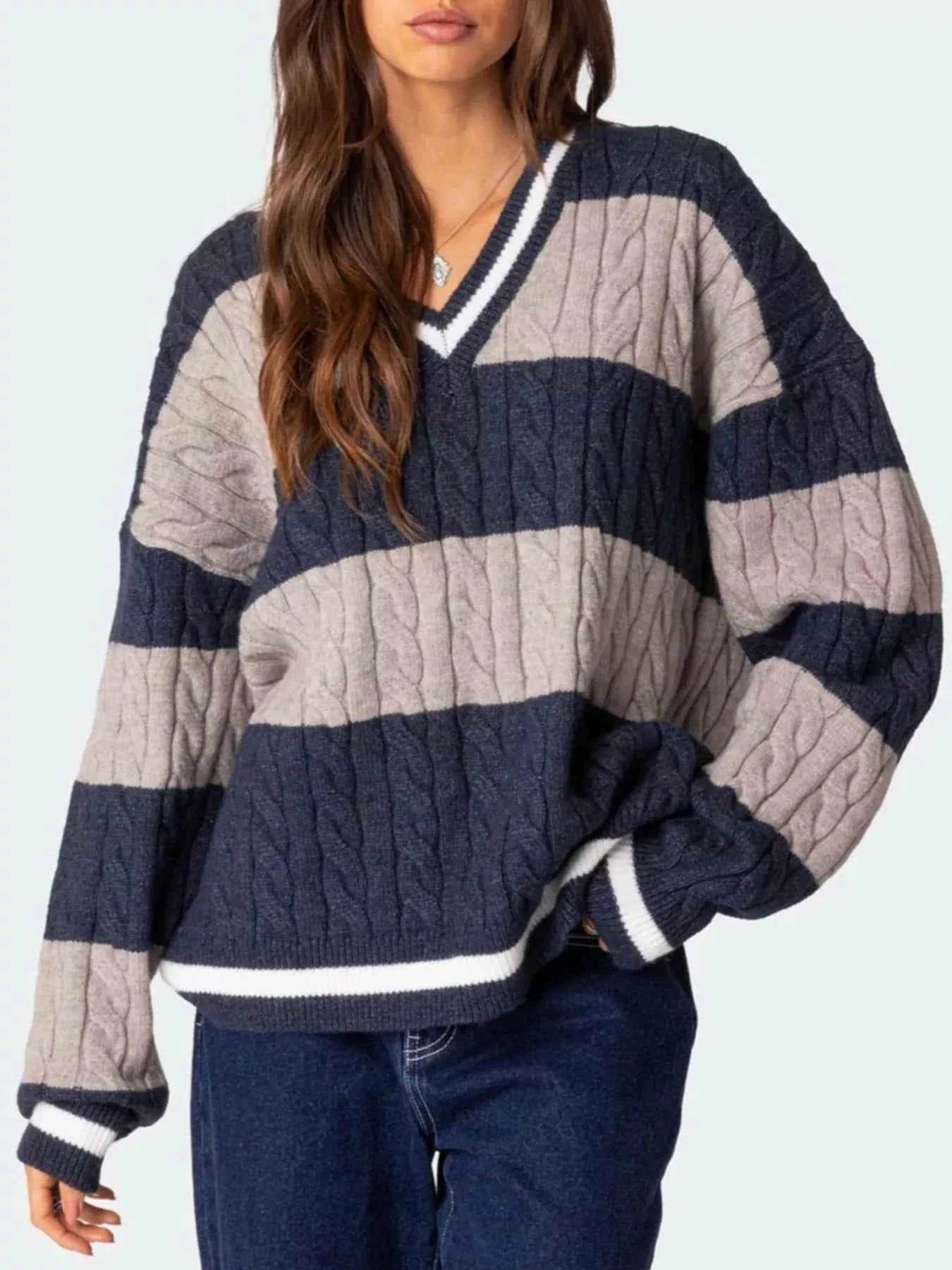 Striped Cable Knit V-Neck Sweater Navy Blue cbb52d82-59fb-42a3-b69a-b7dd56e6329d-Max-Origin