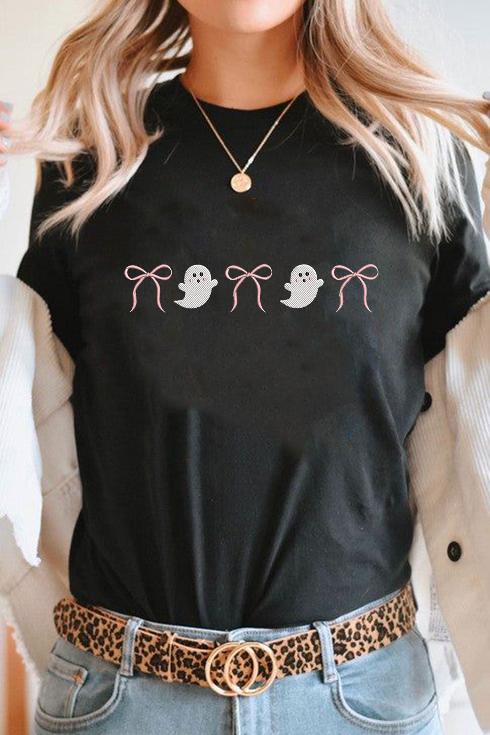 Black Halloween Ghost Bow Embroidered Loose T Shirt ccdbad903f219458