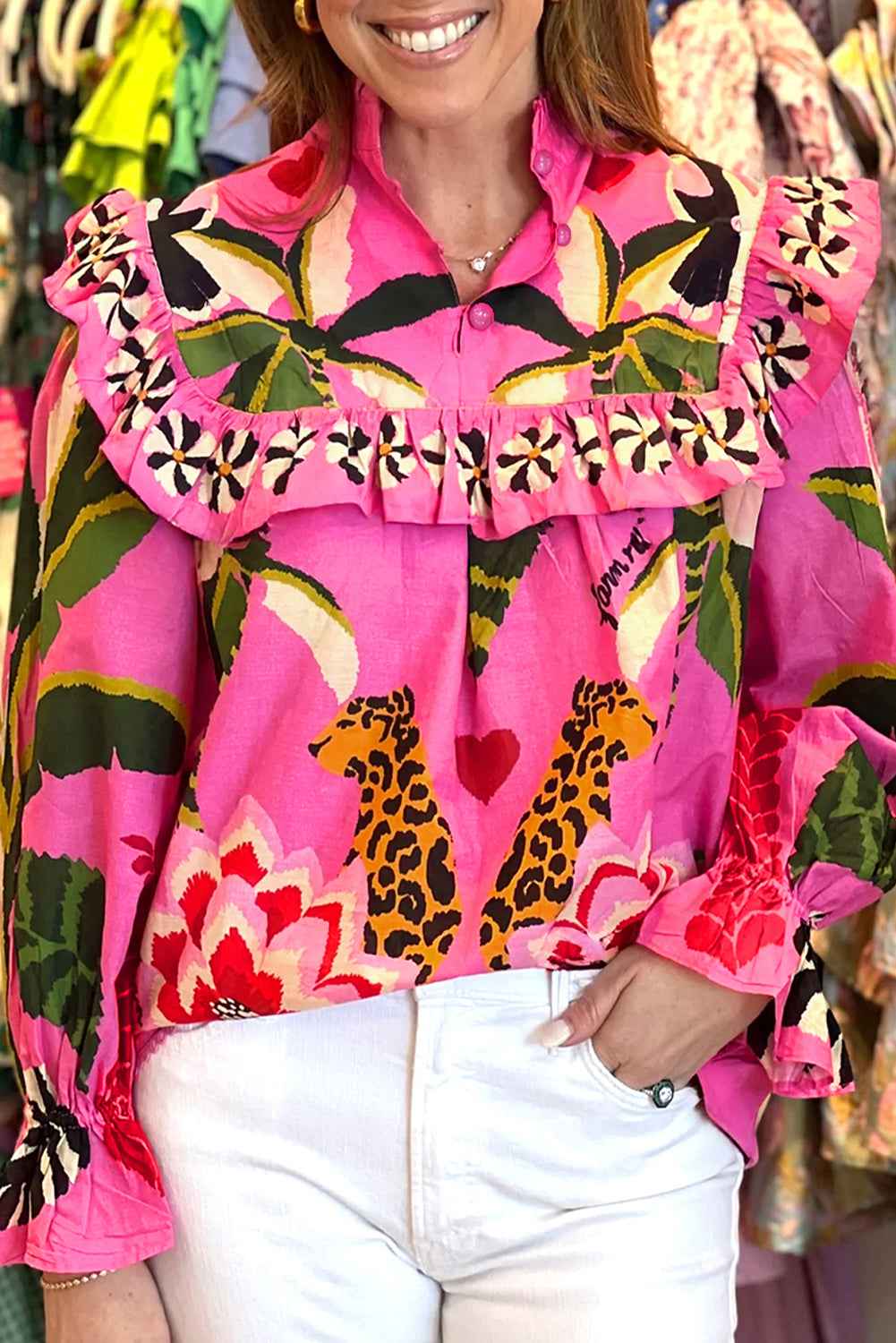 Rose Leopard Print Tropical Ruffle Blouse Rose 100%Polyester cda945b9da0fa880