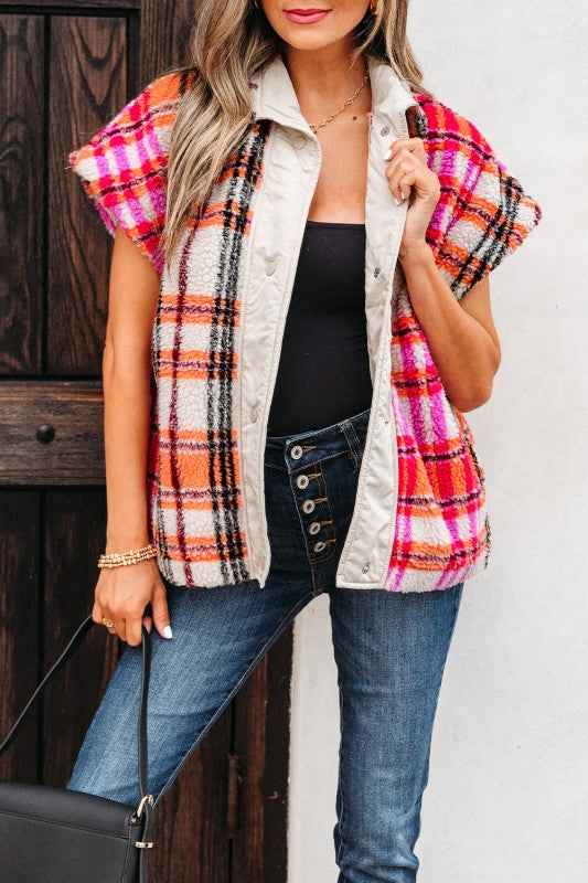Plaid Sherpa Buttoned Jacket Vest Rose cdabc761-9bbe-44e6-b457-3c834cfa361f
