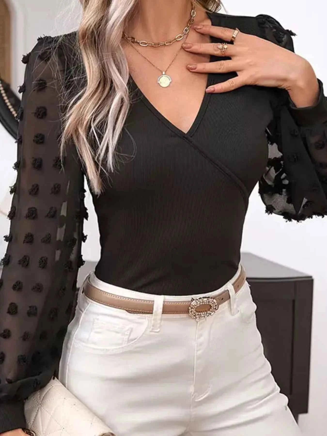 Mesh Sleeve Ribbed V-Neck Top Black cdef5da307eb45429fee426443872e8e-Max-Origin