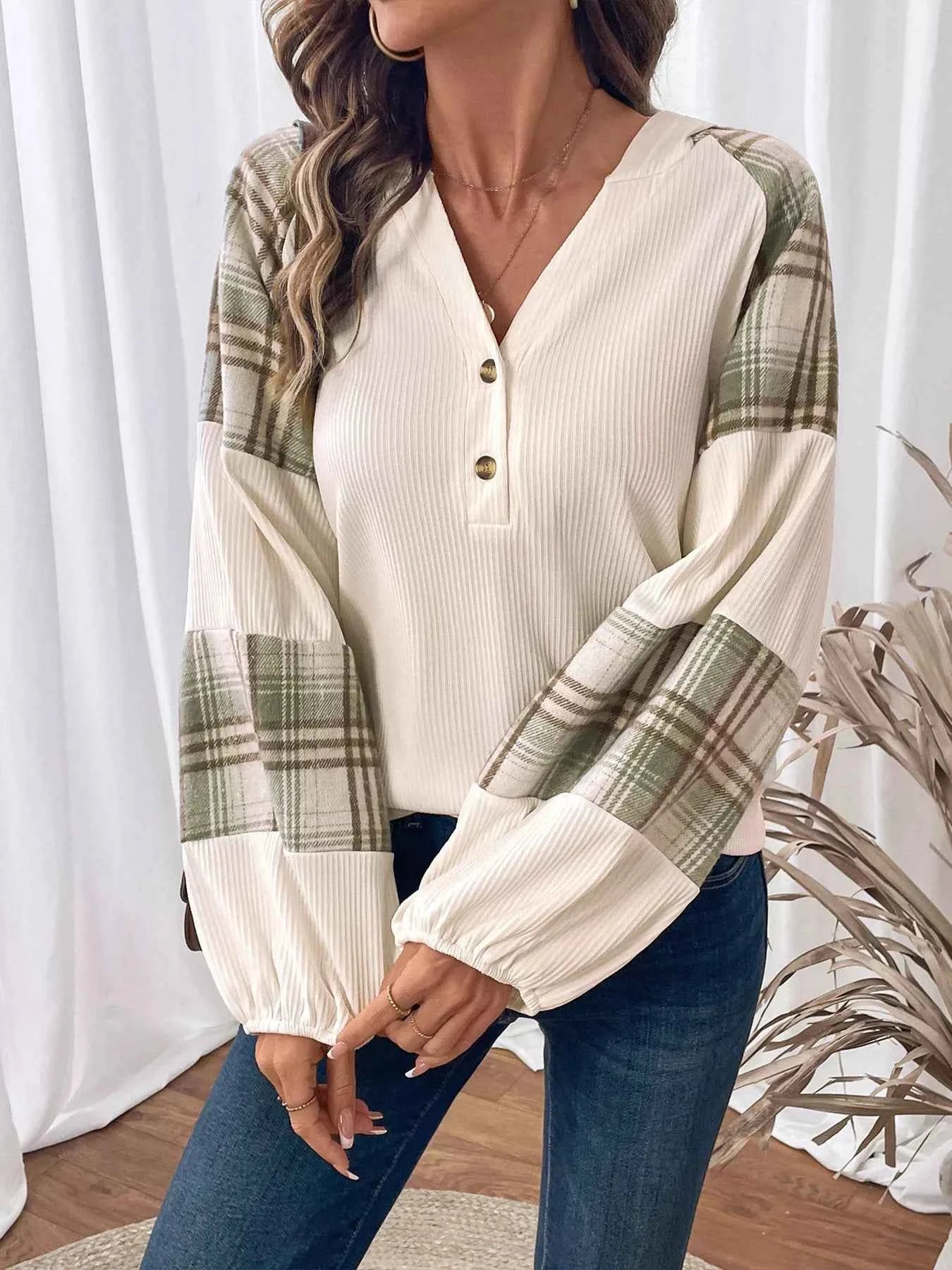 Plaid V-Neck Button Front Sweatshirt cdf15821a4f445a8bce4280e2d247c71-Max-Origin