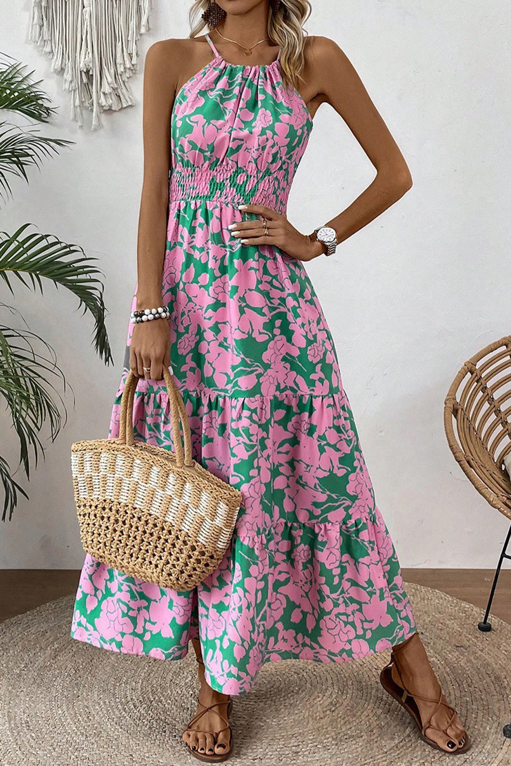 Pink Floral Shirred High Waist Tiered Halter Dress Pink ce39f721575deb9b