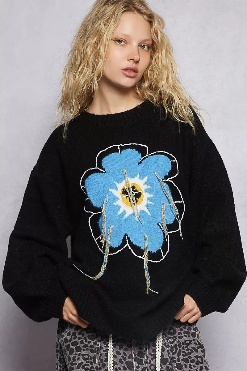 POL Floral Pattern Round Neck Sweater with Exposed Stitching cf07706c-3c8c-4b6d-99b7-95b00912cf94-Max-Origin