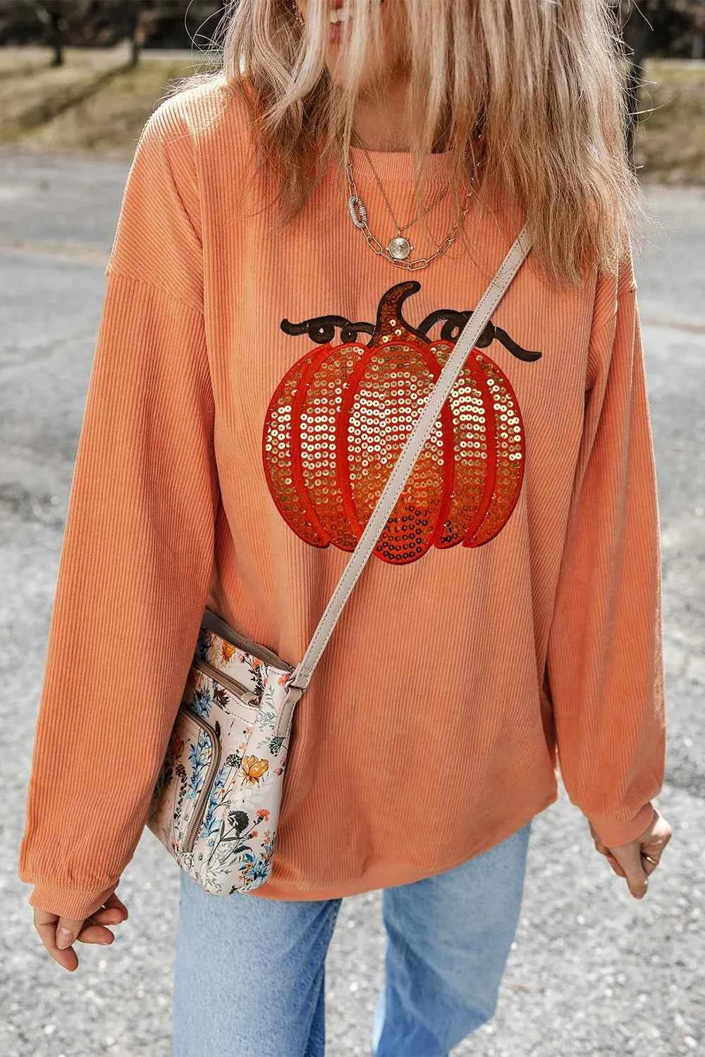 Sequin Pumpkin Round Neck Long Sleeve Sweatshirt cf9342de-40d0-44e6-b709-fcf0139cc072-Max
