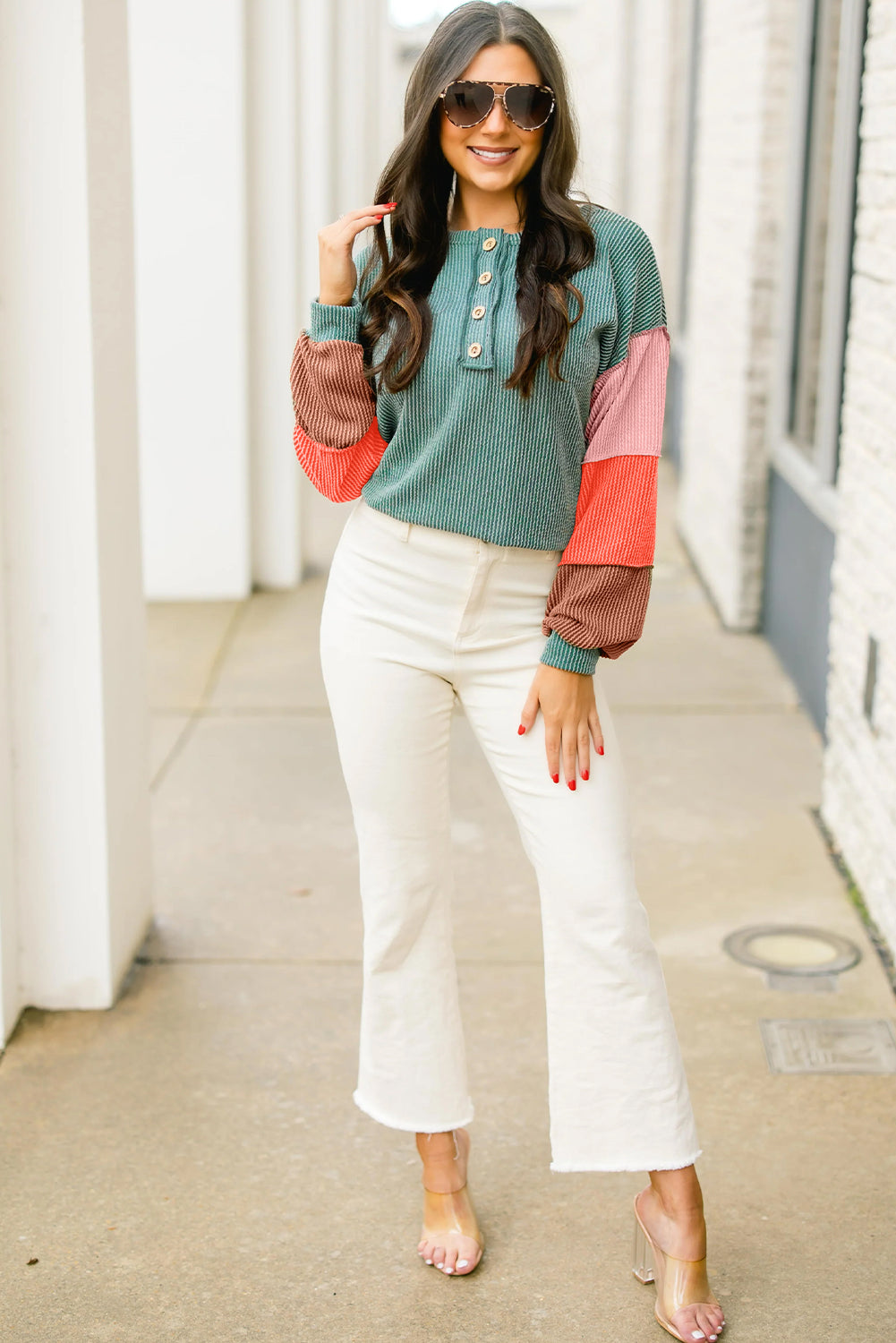 Multicolour Twisted Ribbed Colorblock Patchwork Henley Top cf9be6fcf8d5509f