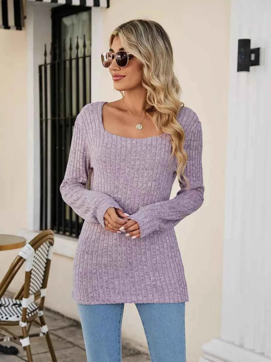 Ribbed Square Neck Long Sleeve T-Shirt cfa1e404-e90e-4ae2-b025-ffa76b16c936-Max-Origin