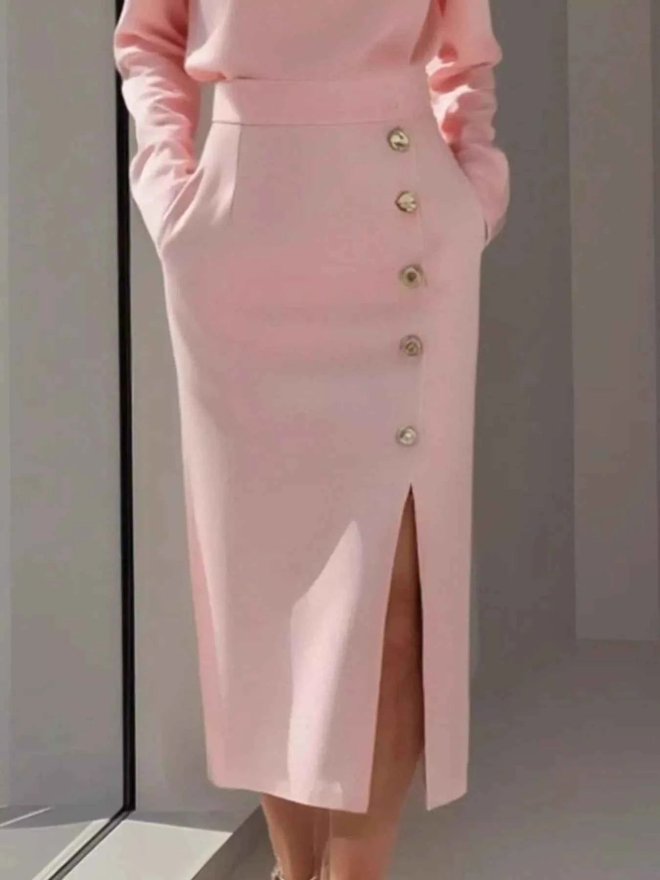 Long Sleeve Button Detail Midi Dress with Side Slit d0441a4b-a88d-4cde-a59d-f3ac165b3d33-Max-Origin