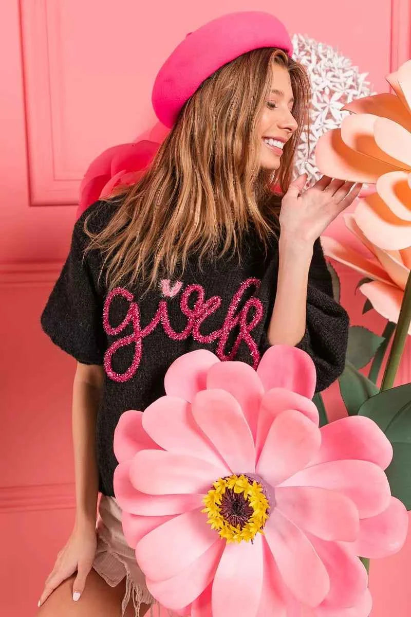 BiBi Metallic Letter Short Puff Sleeve Hairy Sweater