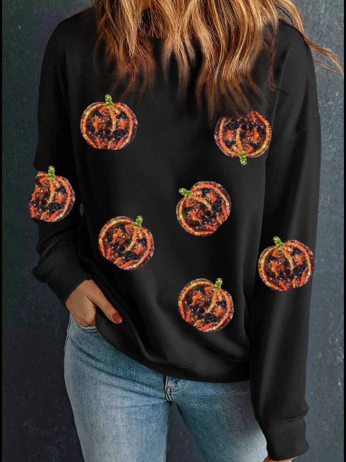 Halloween Sequin Round Neck Long Sleeve Sweatshirt Black d0a06209-2ebf-4e22-8764-dd426d27ee69-Max-Origin