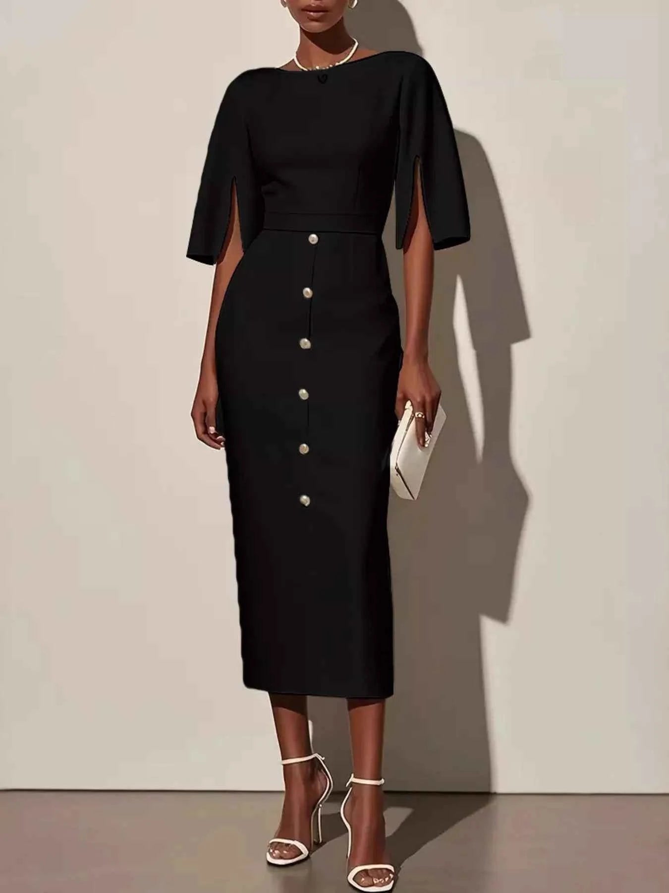 Slit Sleeve Midi Dress with Decorative Button Black d1614d882b4247d583046db96c50c638-Max-Origin