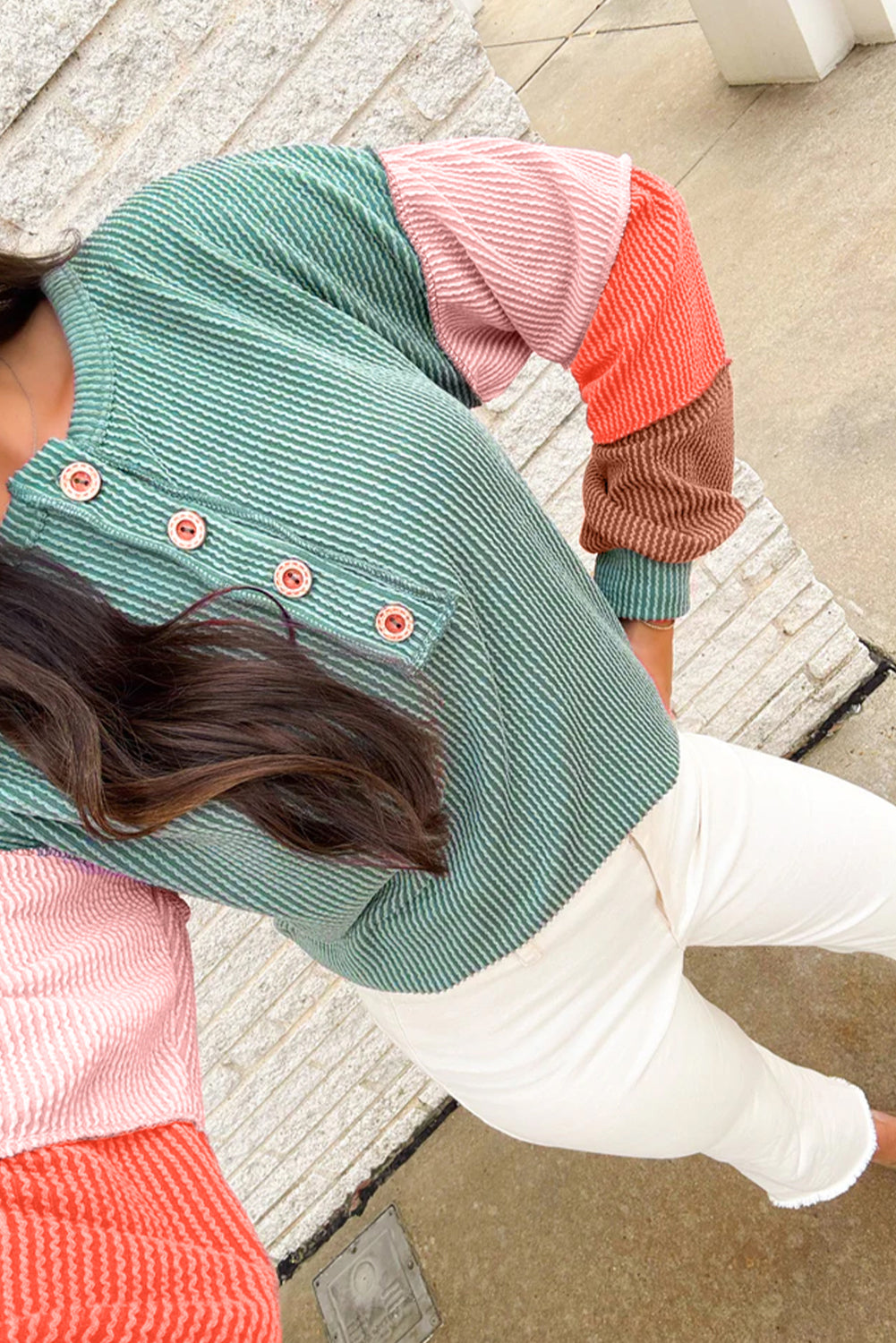 Multicolour Twisted Ribbed Colorblock Patchwork Henley Top d1a2ad1e25d358c5